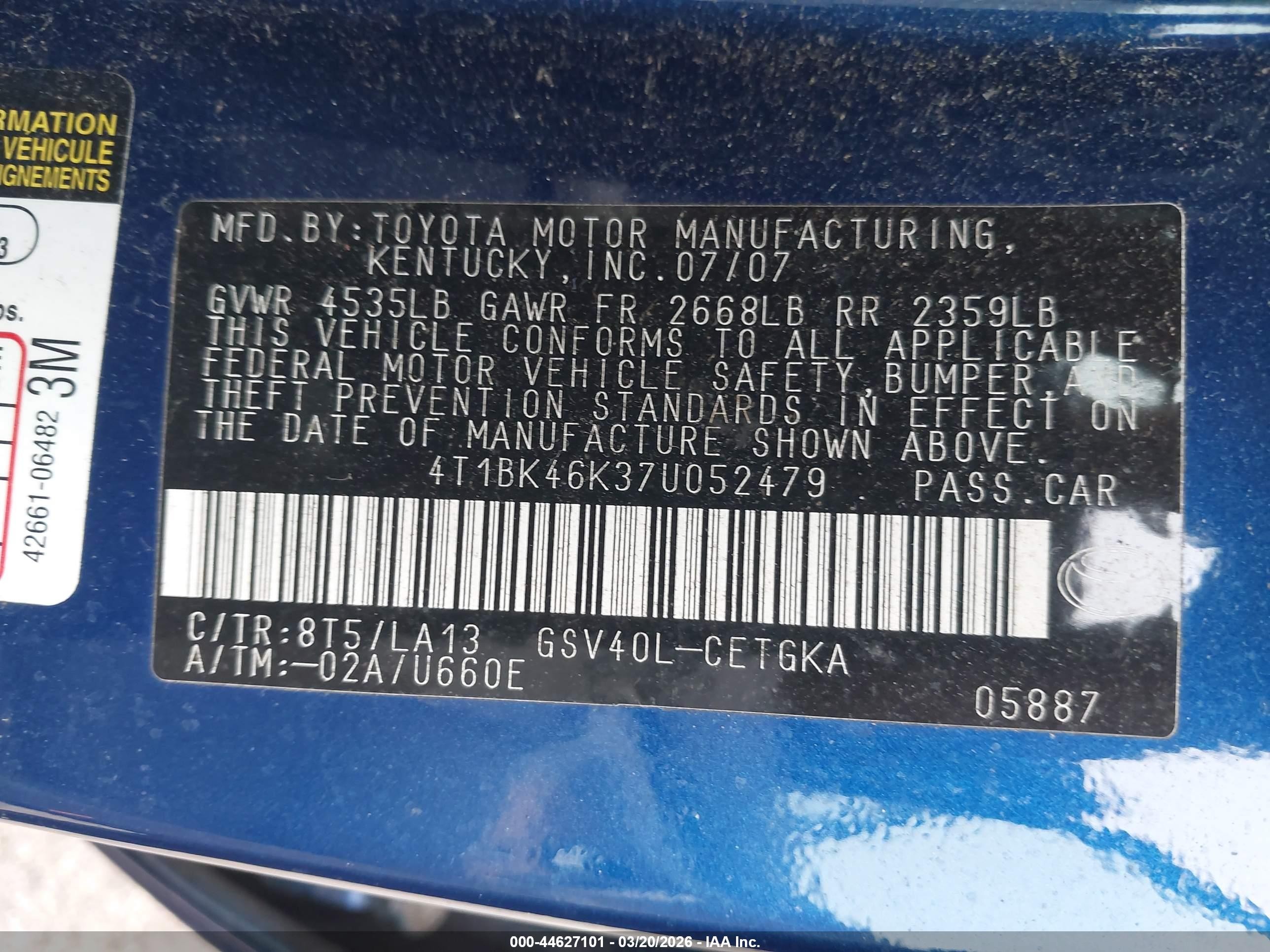 2007 Toyota Camry Xle V6 Синий vin: 4T1BK46K37U052479