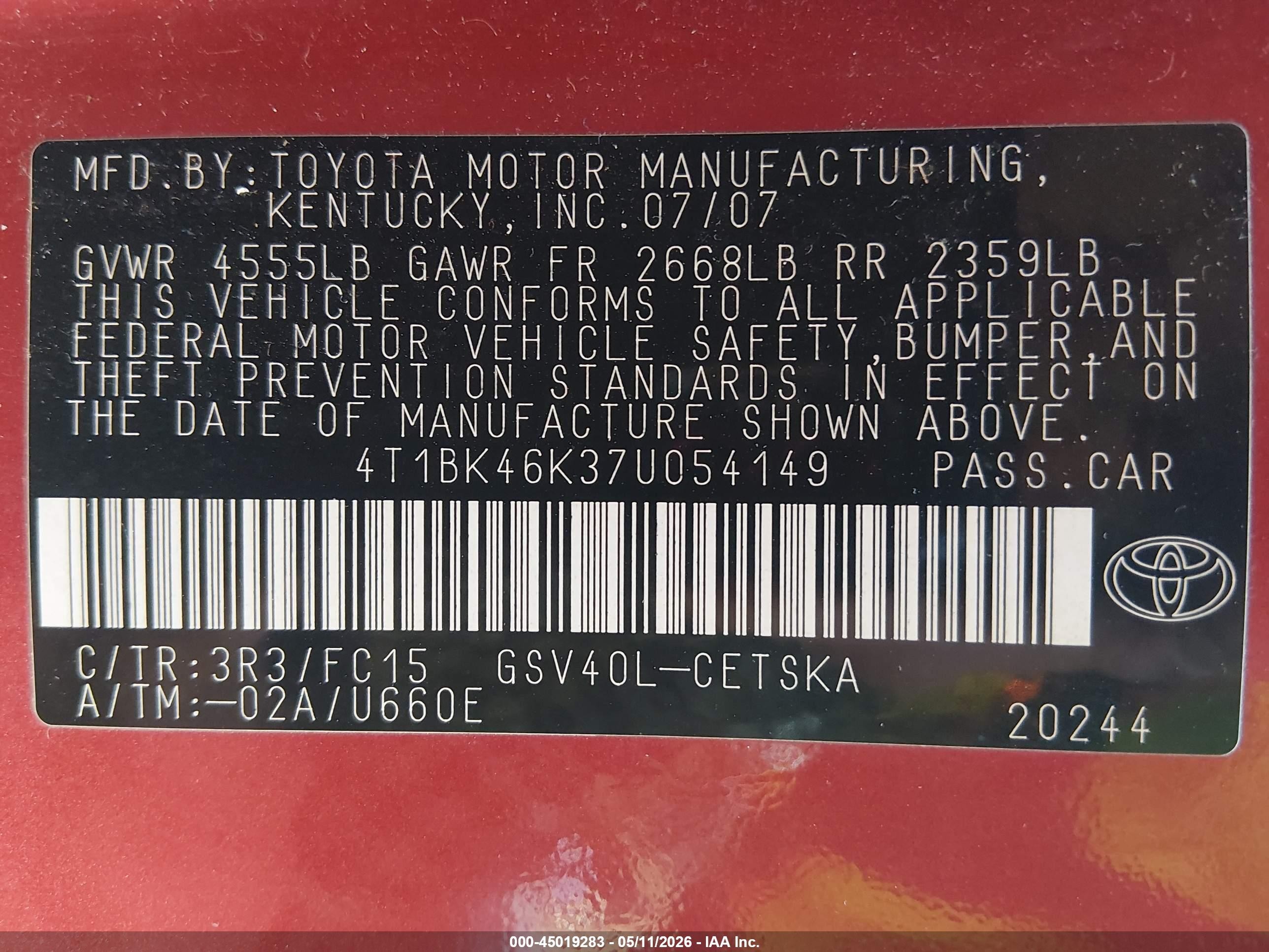 2007 Toyota Camry Le V6/se V6/xle V6 Red vin: 4T1BK46K37U054149