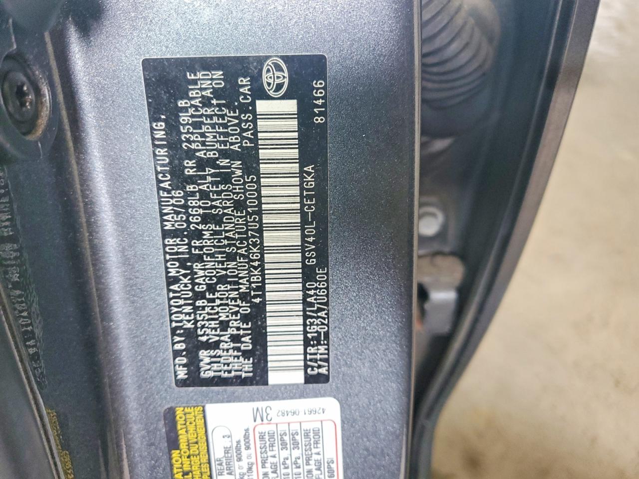 2007 Toyota Camry Xle V6 Gray vin: 4T1BK46K37U510005