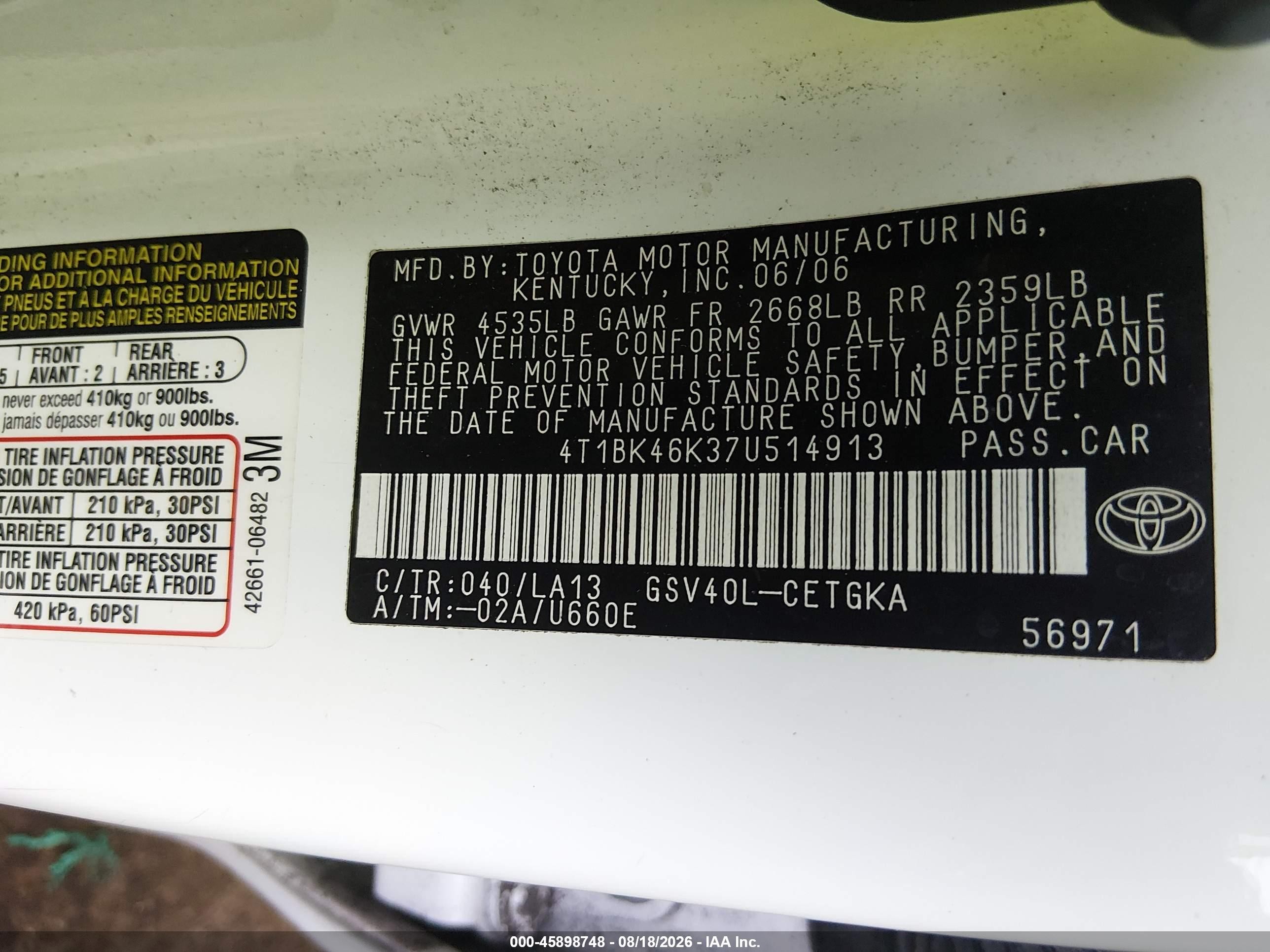 2007 Toyota Camry Xle V6 White vin: 4T1BK46K37U514913