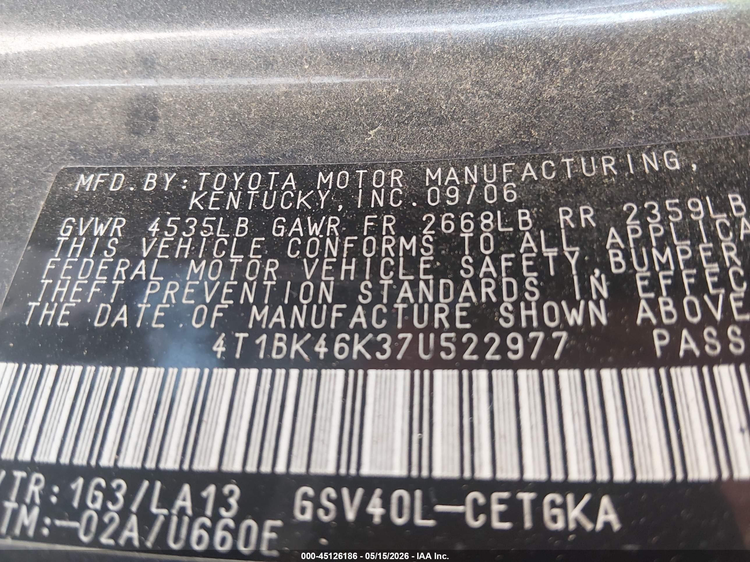 2007 Toyota Camry Xle V6 Gray vin: 4T1BK46K37U522977