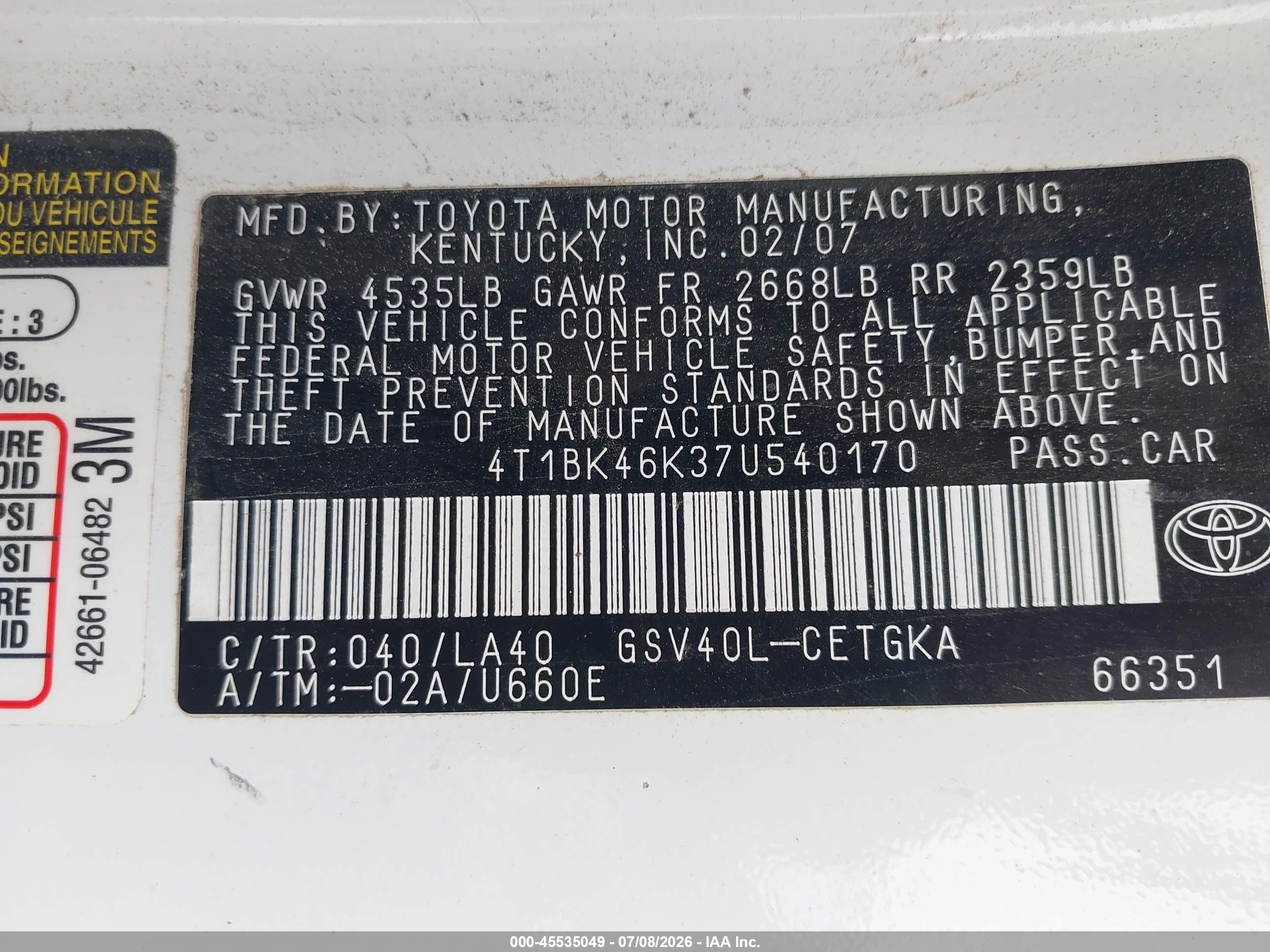 2007 Toyota Camry Xle V6 White vin: 4T1BK46K37U540170