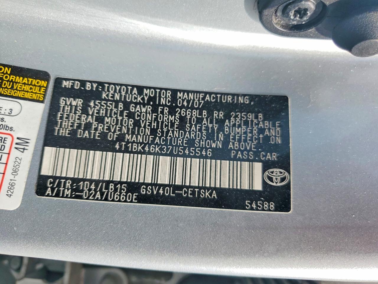 2007 Toyota Camry Se V6 Серебряный vin: 4T1BK46K37U545546