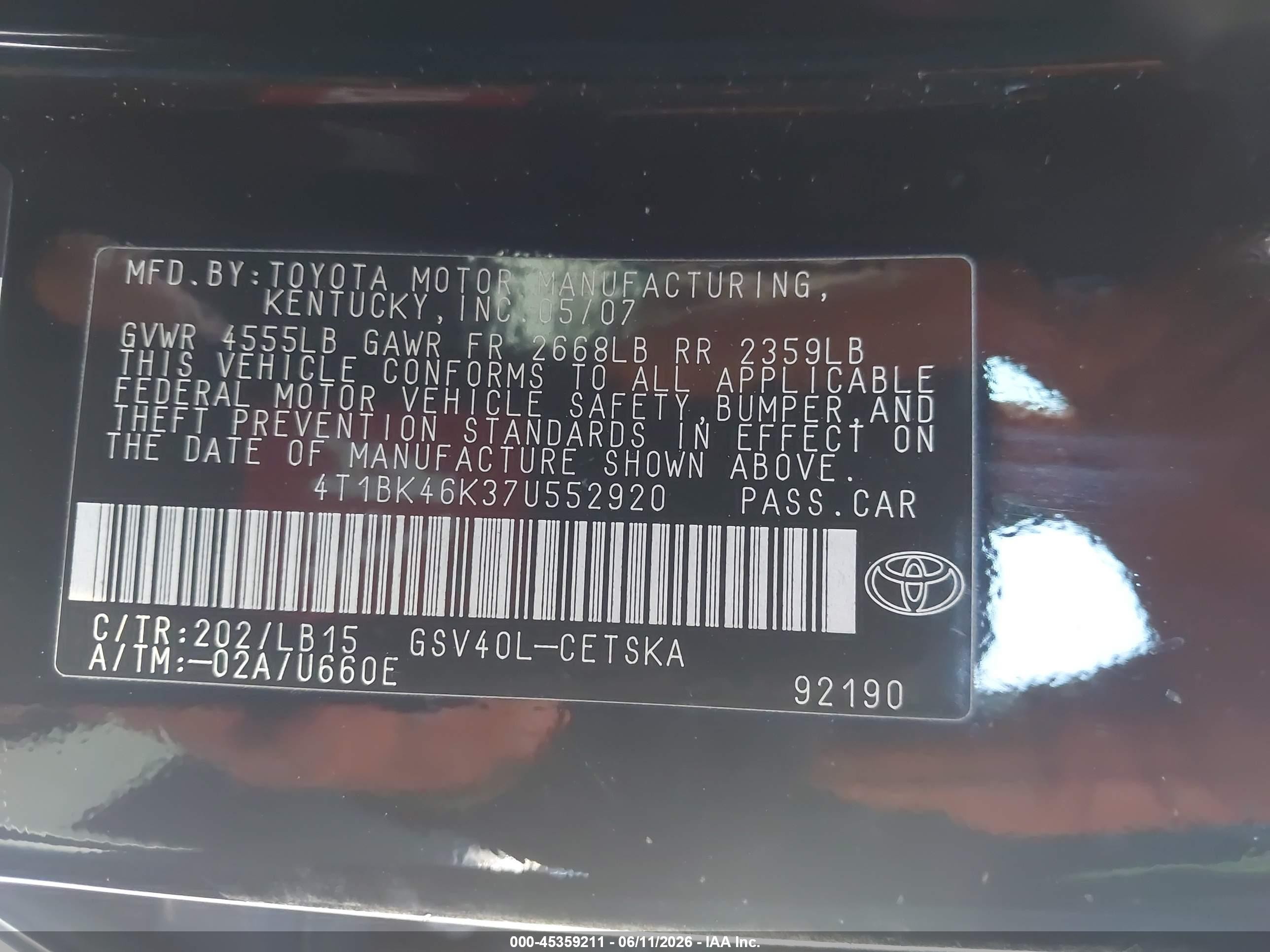 2007 Toyota Camry Se V6 Black vin: 4T1BK46K37U552920