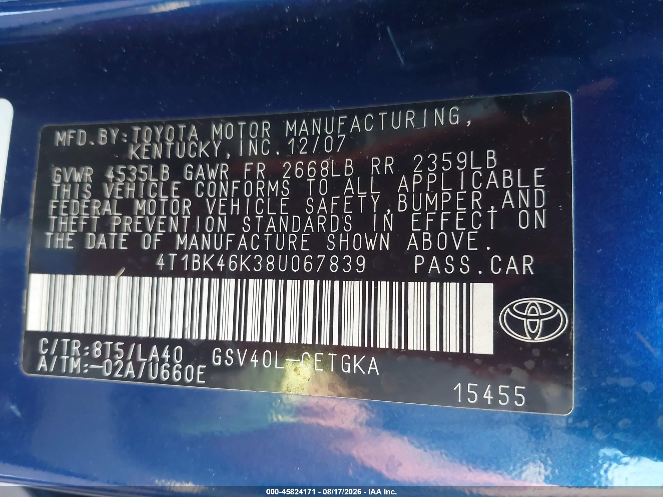 2008 Toyota Camry Xle Blue vin: 4T1BK46K38U067839