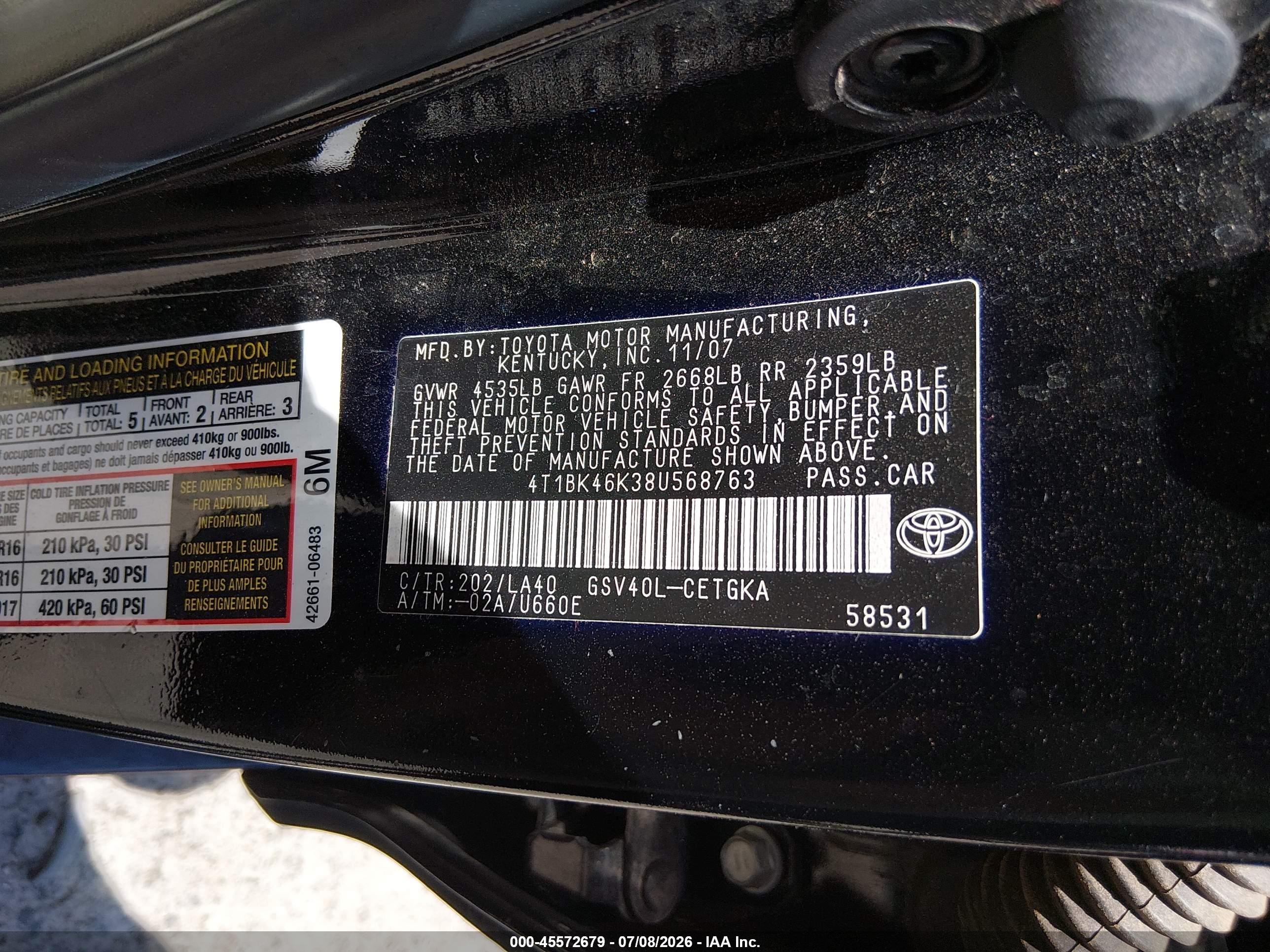 2008 Toyota Camry Xle Black vin: 4T1BK46K38U568763