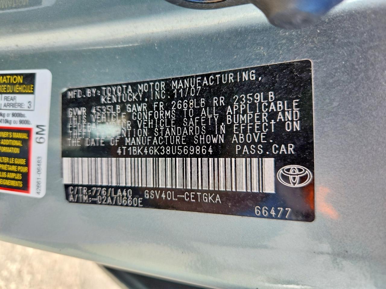 2008 Toyota Camry Xle V6 Turquoise vin: 4T1BK46K38U569864