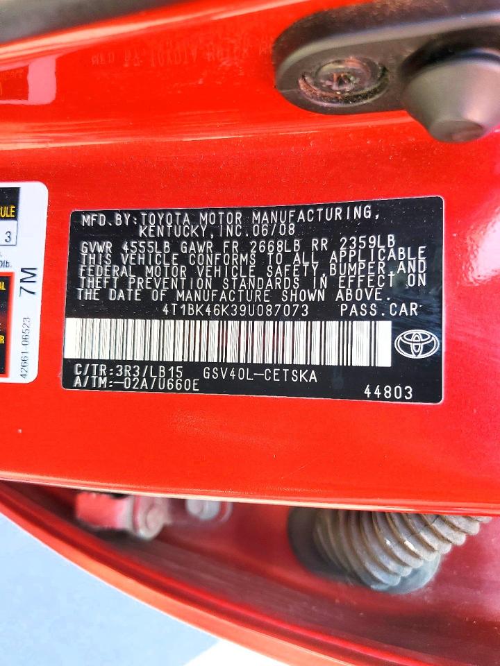 2009 Toyota Camry Se V6 Red vin: 4T1BK46K39U087073