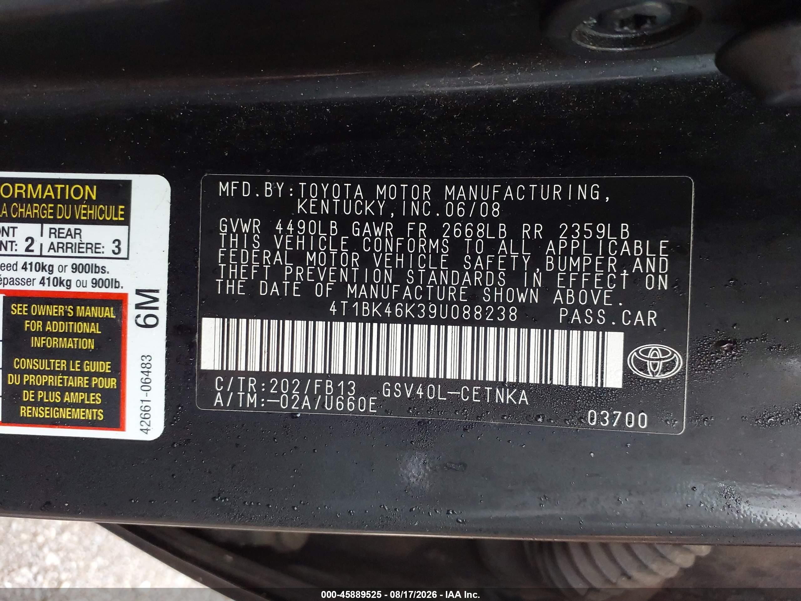 2009 Toyota Camry Le V6 Black vin: 4T1BK46K39U088238