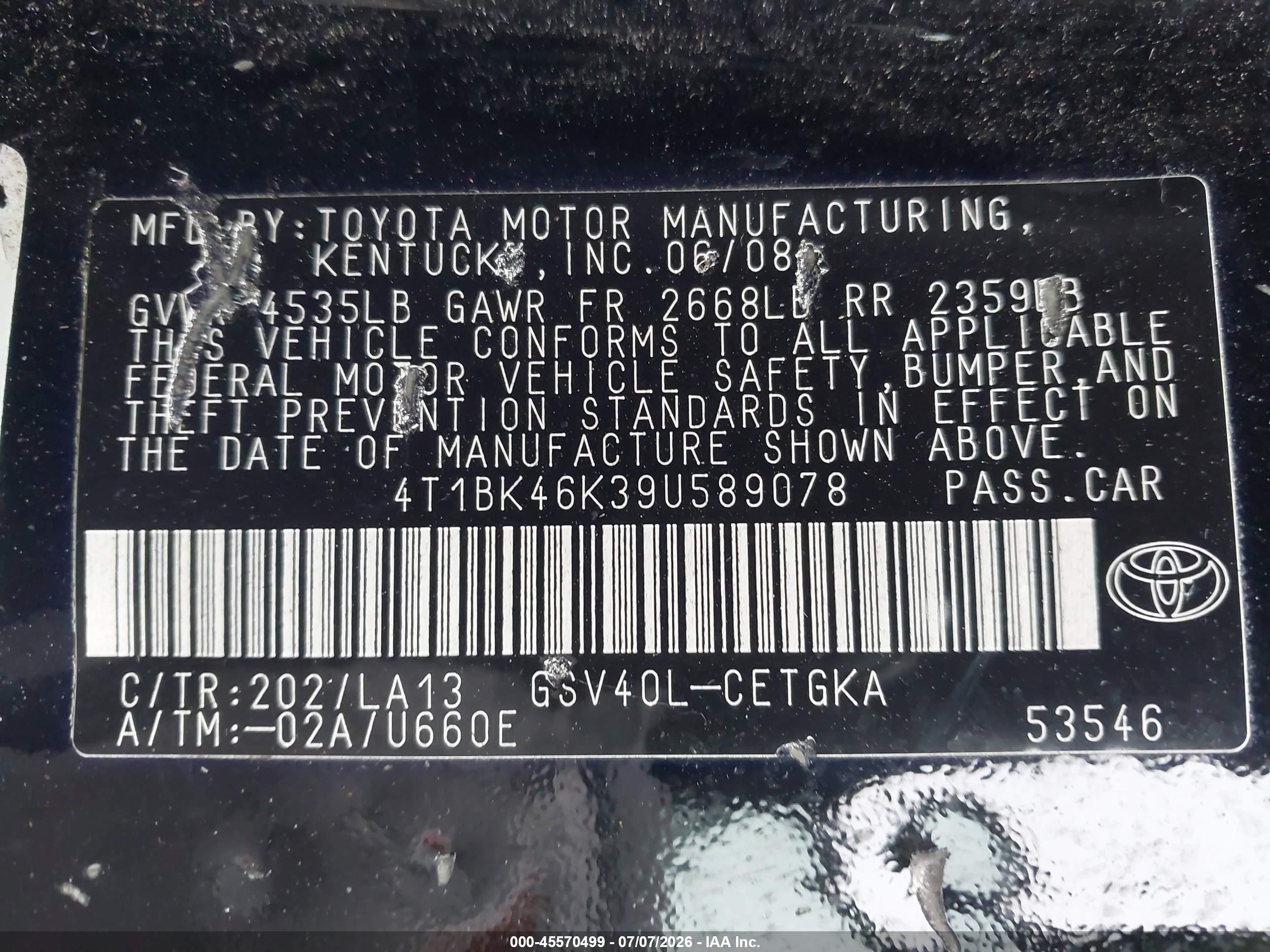 2009 Toyota Camry Xle V6 Black vin: 4T1BK46K39U589078