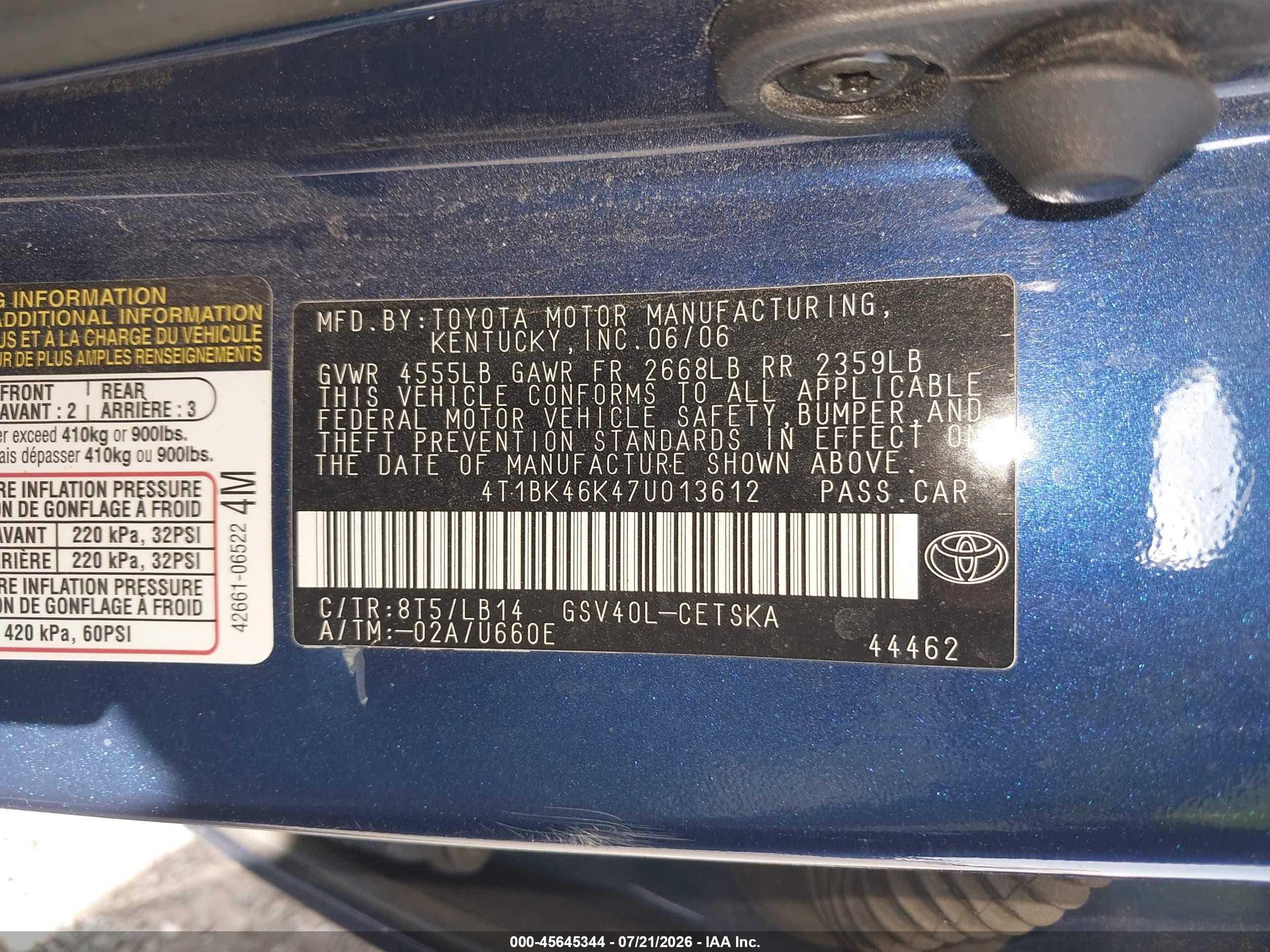 2007 Toyota Camry Se V6 Blue vin: 4T1BK46K47U013612