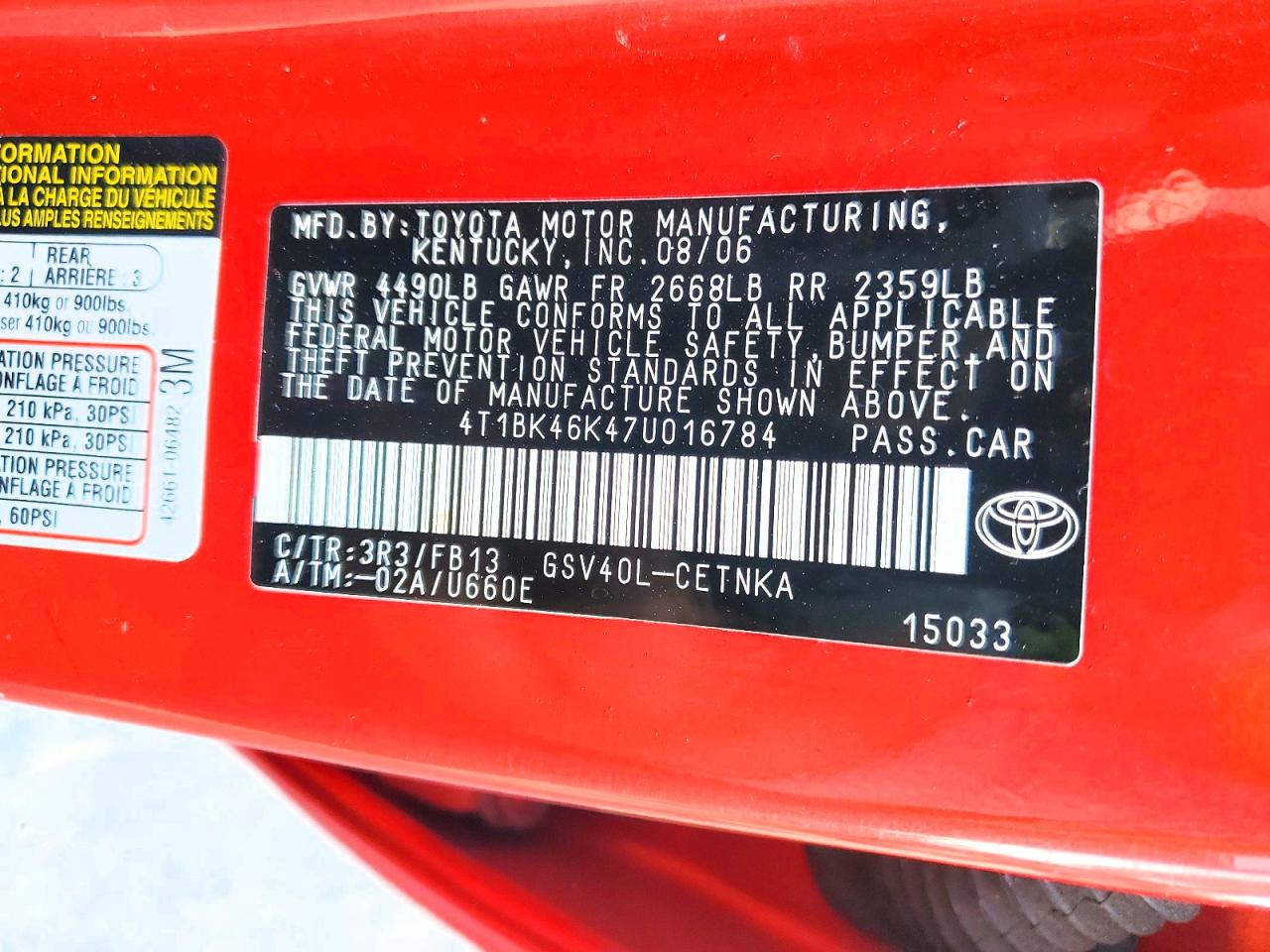 2007 Toyota Camry Le V6 Red vin: 4T1BK46K47U016784