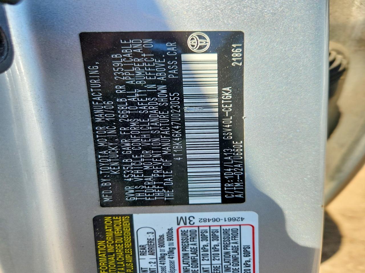 2007 Toyota Camry Xle V6 Silver vin: 4T1BK46K47U023055