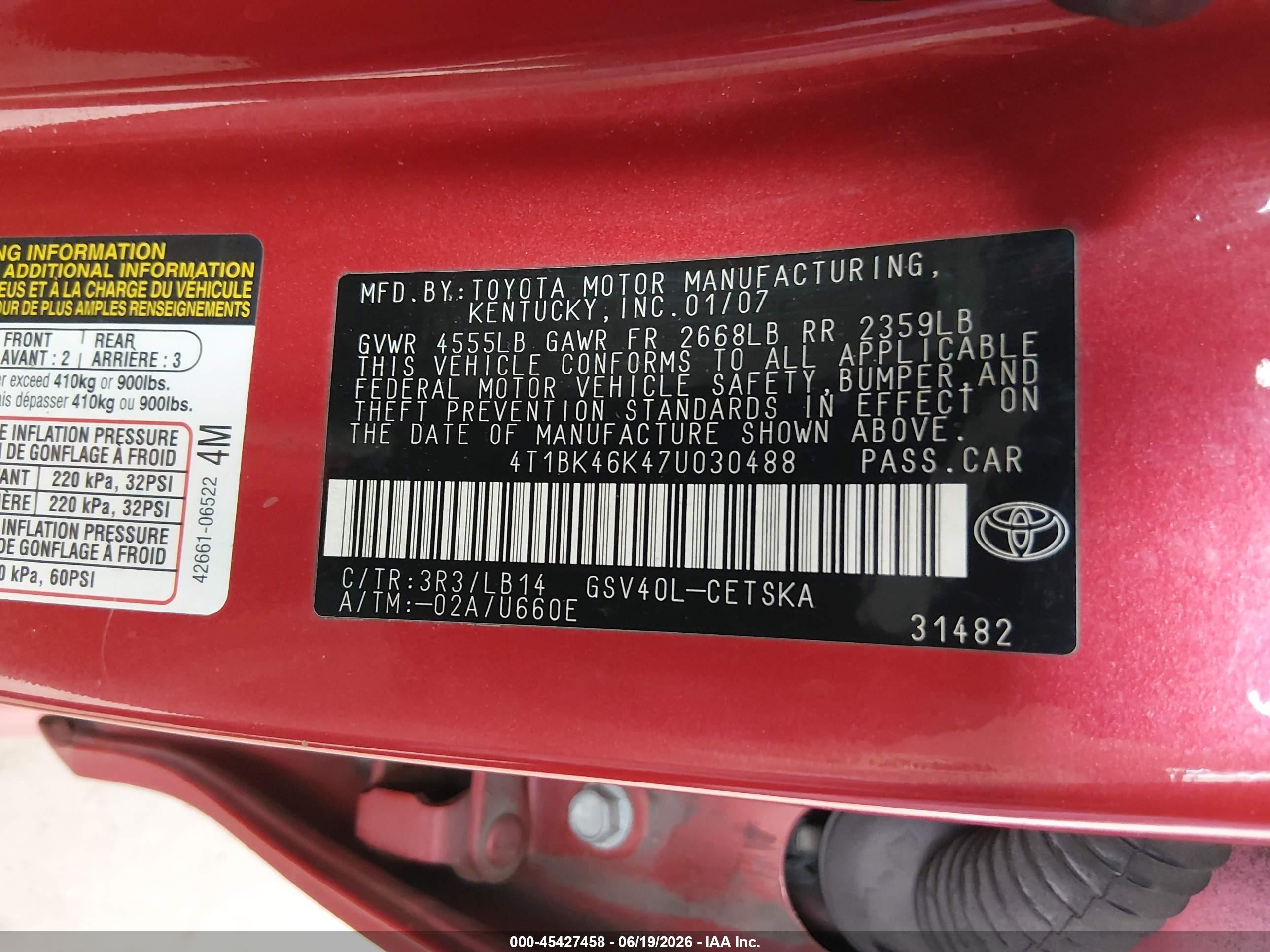 2007 Toyota Camry Se V6 Red vin: 4T1BK46K47U030488