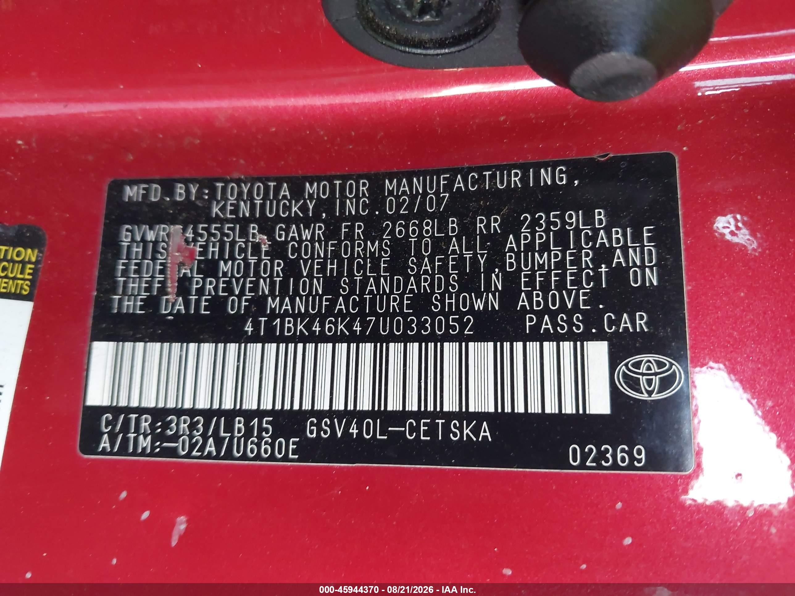 2007 Toyota Camry Se V6 Красный vin: 4T1BK46K47U033052
