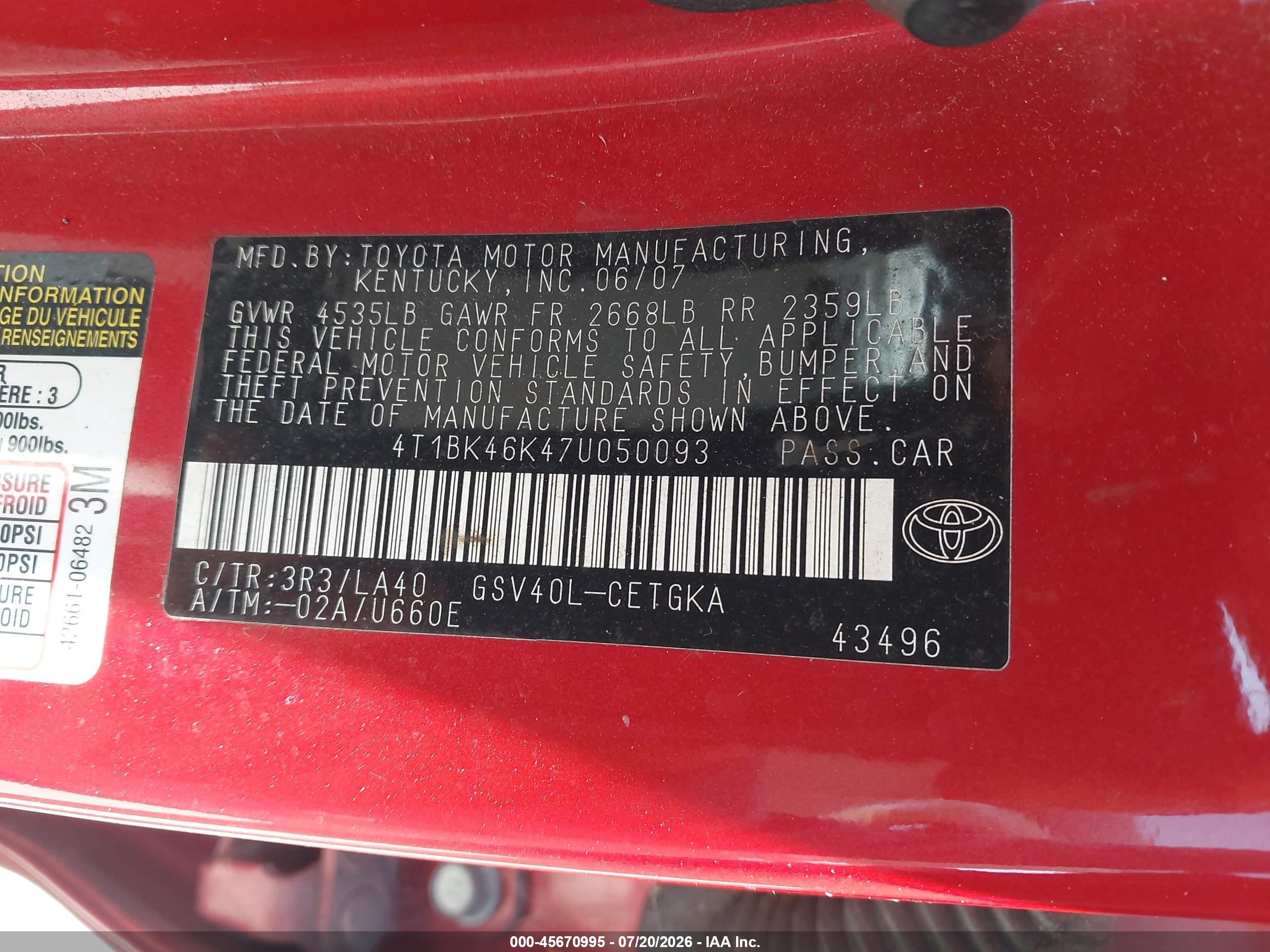 2007 Toyota Camry Xle V6 Red vin: 4T1BK46K47U050093