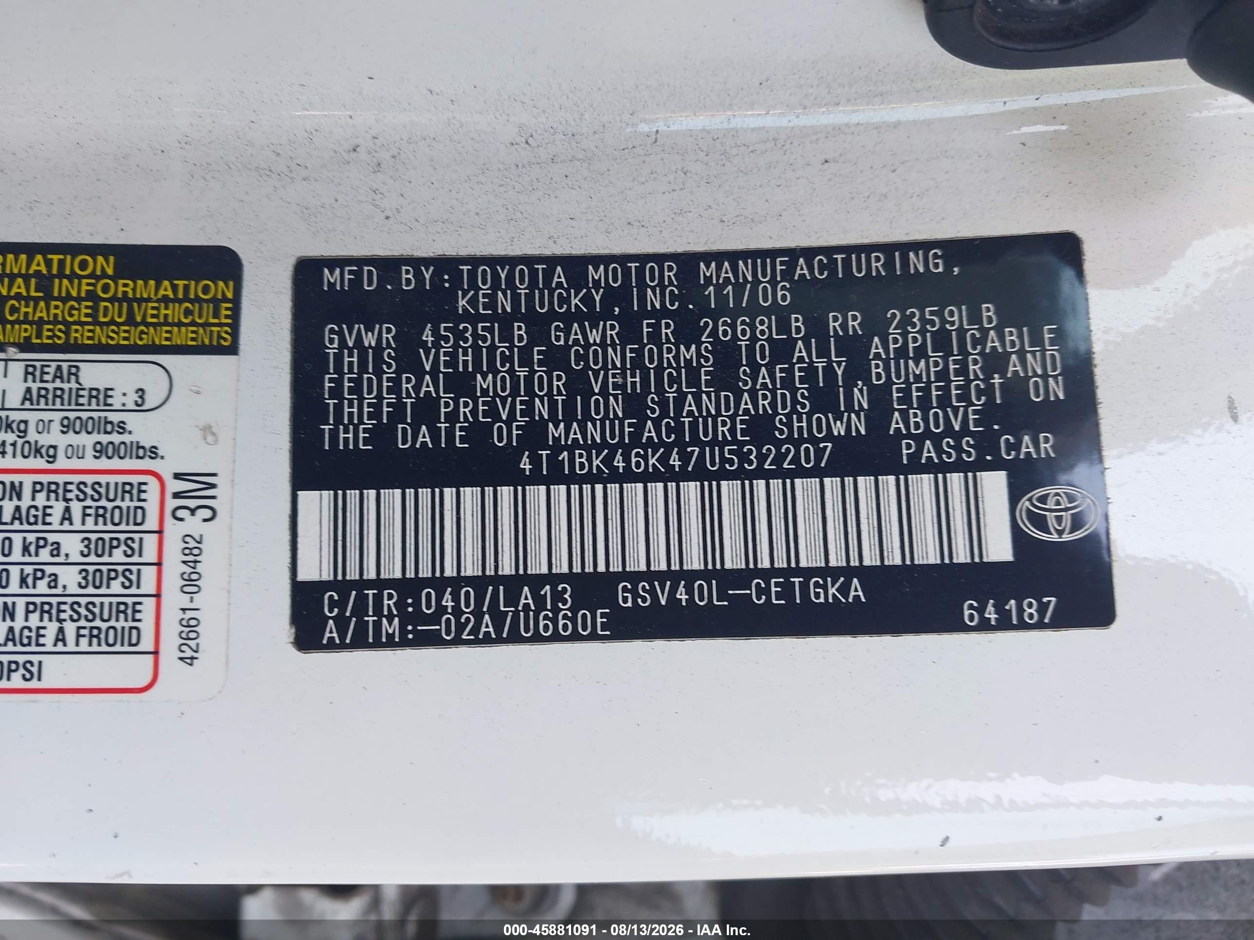 2007 Toyota Camry Xle V6 White vin: 4T1BK46K47U532207