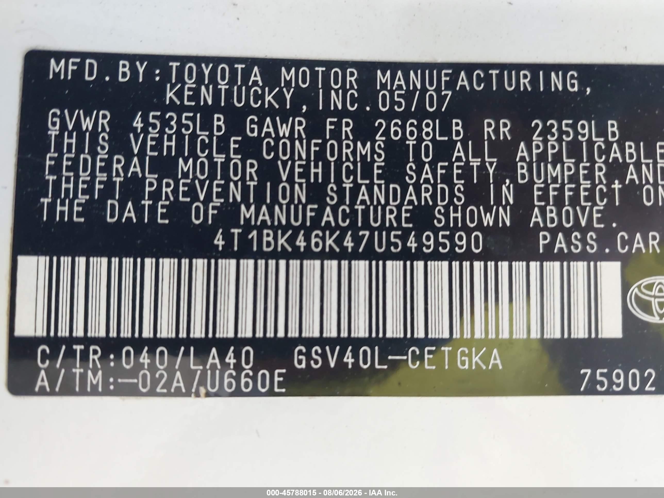 2007 Toyota Camry Xle V6 White vin: 4T1BK46K47U549590