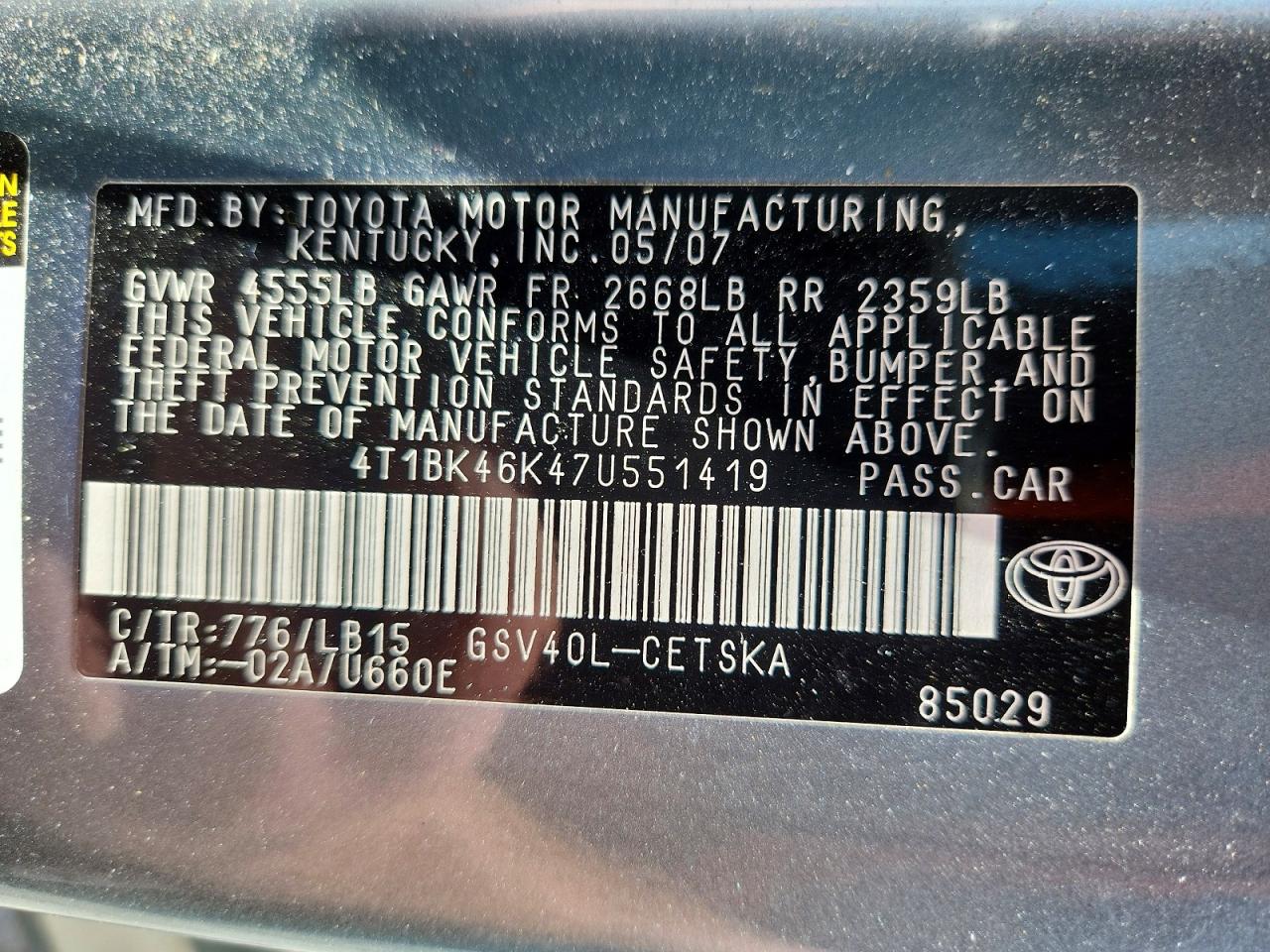 2007 Toyota Camry Se V6 Blue vin: 4T1BK46K47U551419