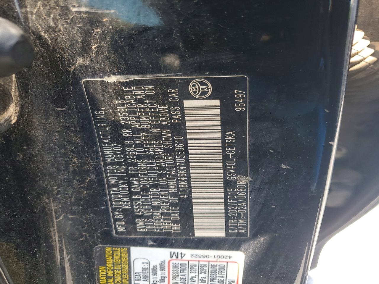 2007 Toyota Camry Se V6 Black vin: 4T1BK46K47U553610
