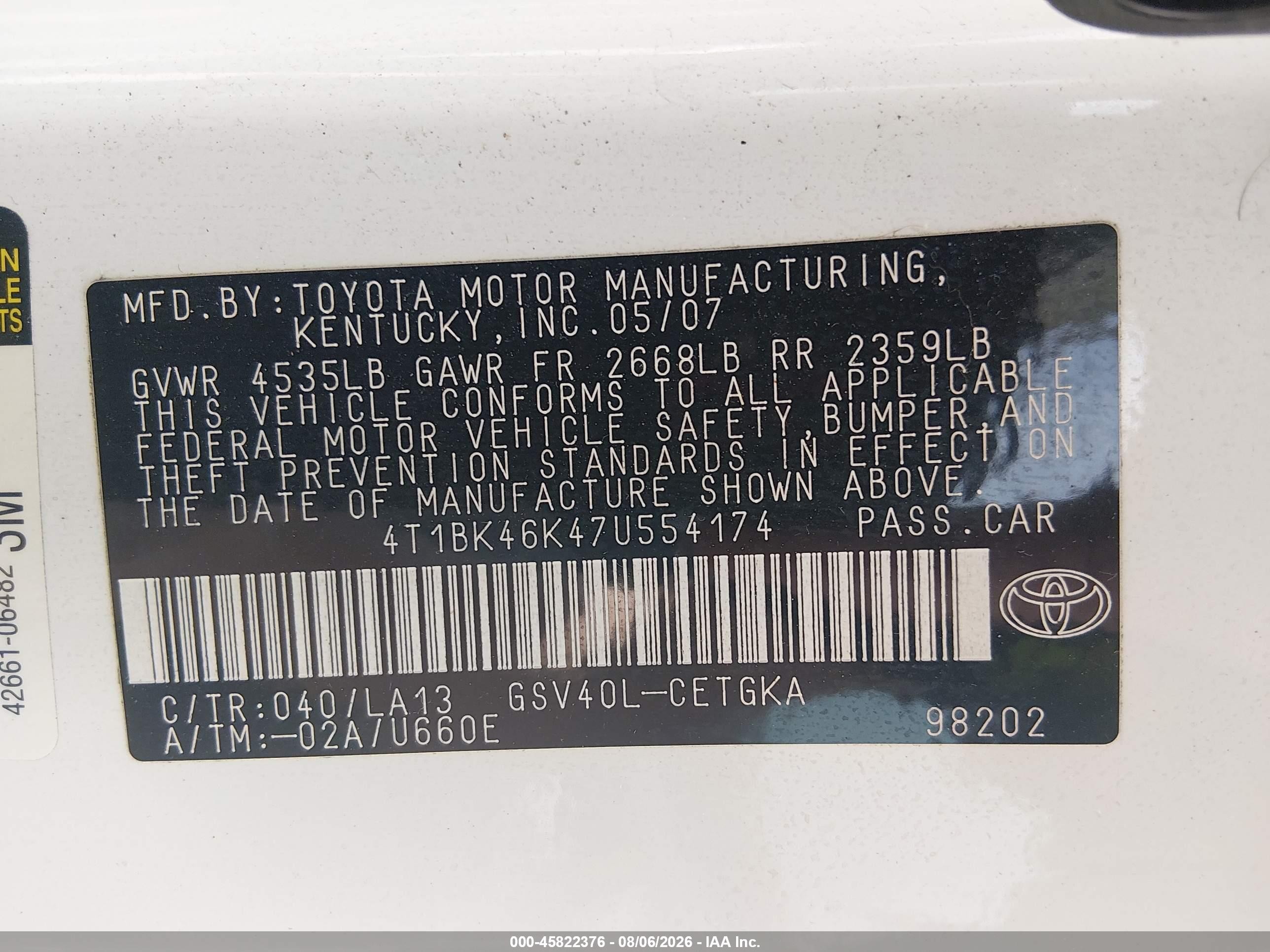 2007 Toyota Camry Xle V6 Белый vin: 4T1BK46K47U554174