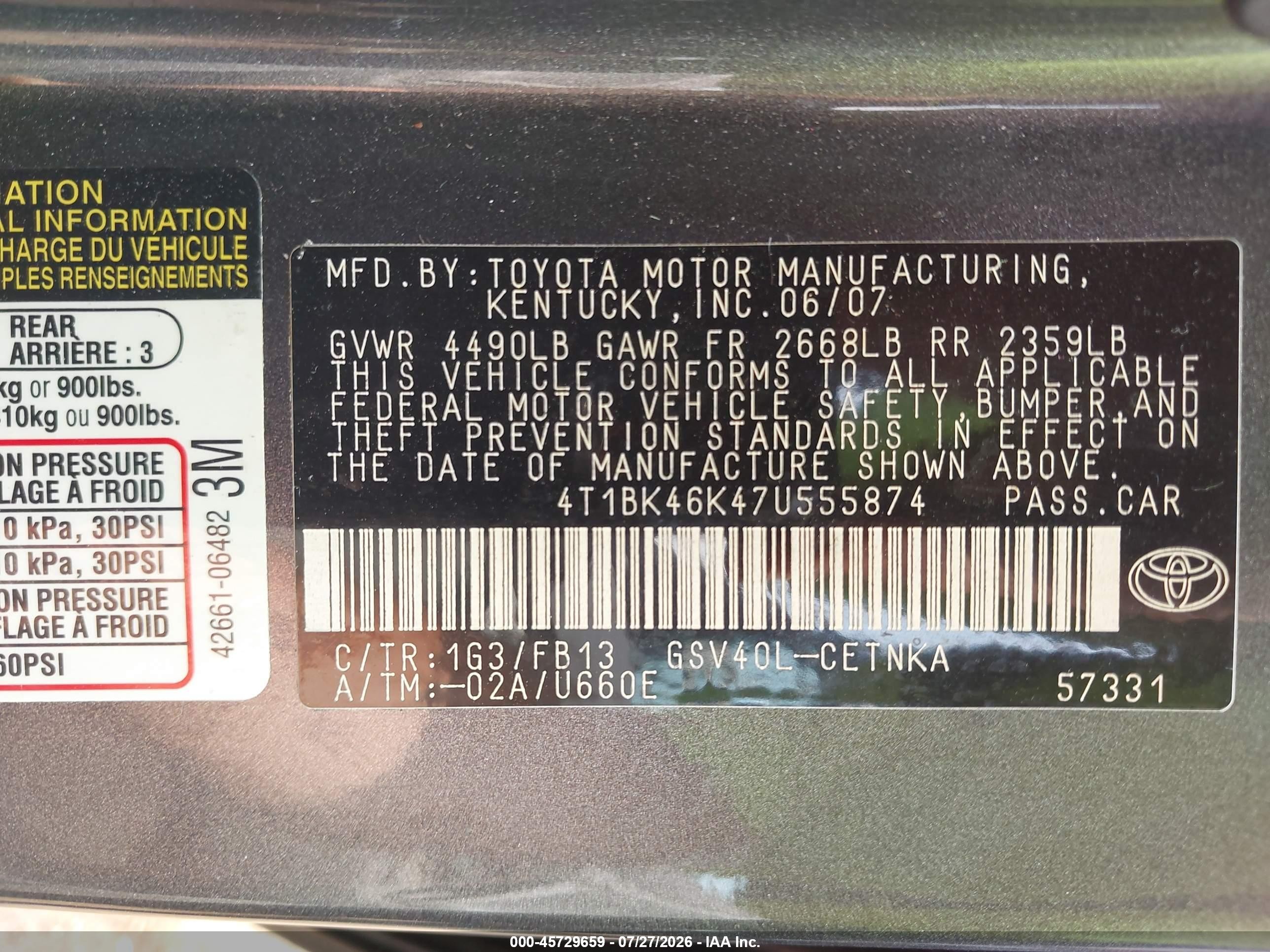 2007 Toyota Camry Le V6 Gray vin: 4T1BK46K47U555874