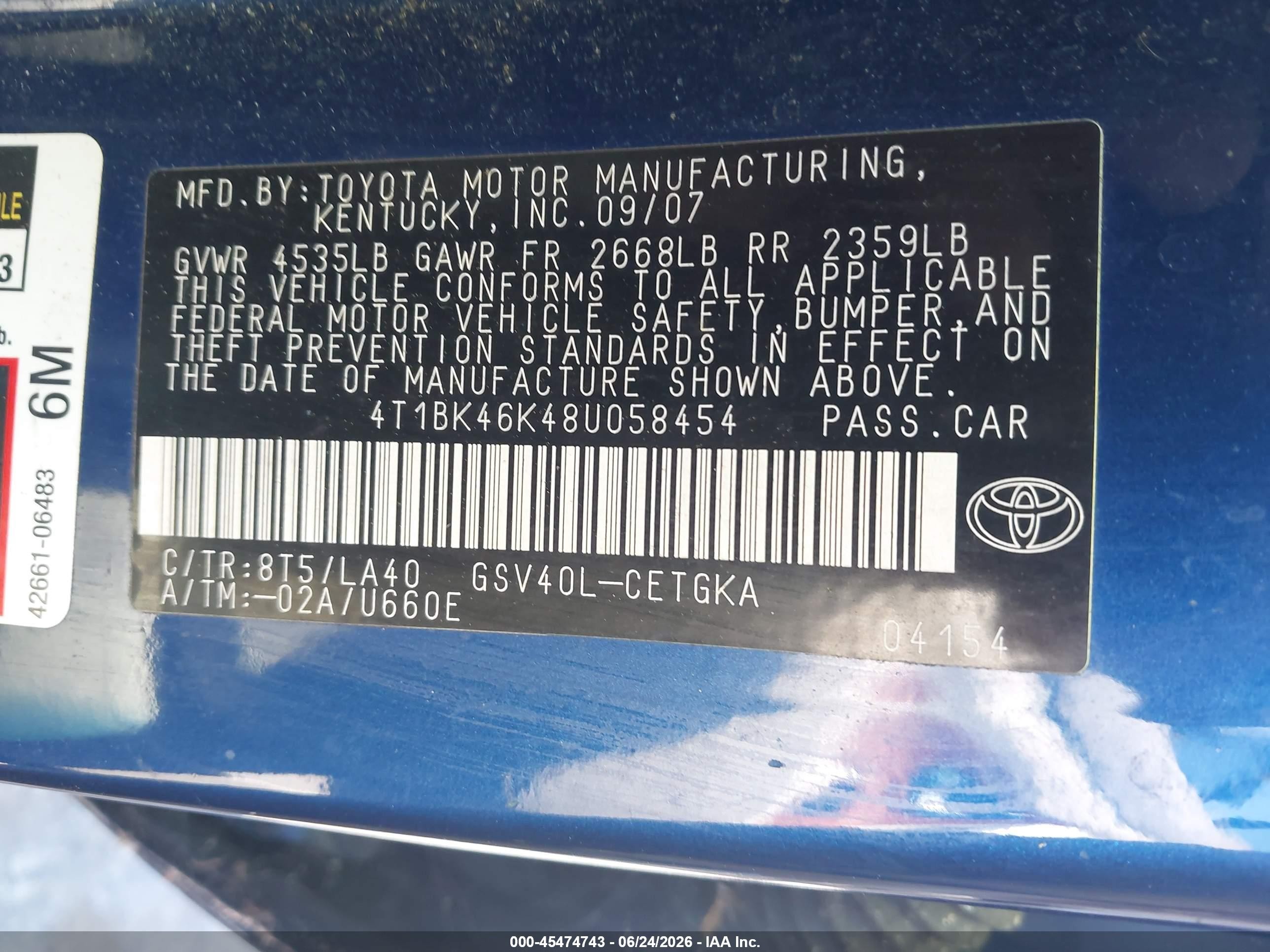 2008 Toyota Camry Xle Blue vin: 4T1BK46K48U058454