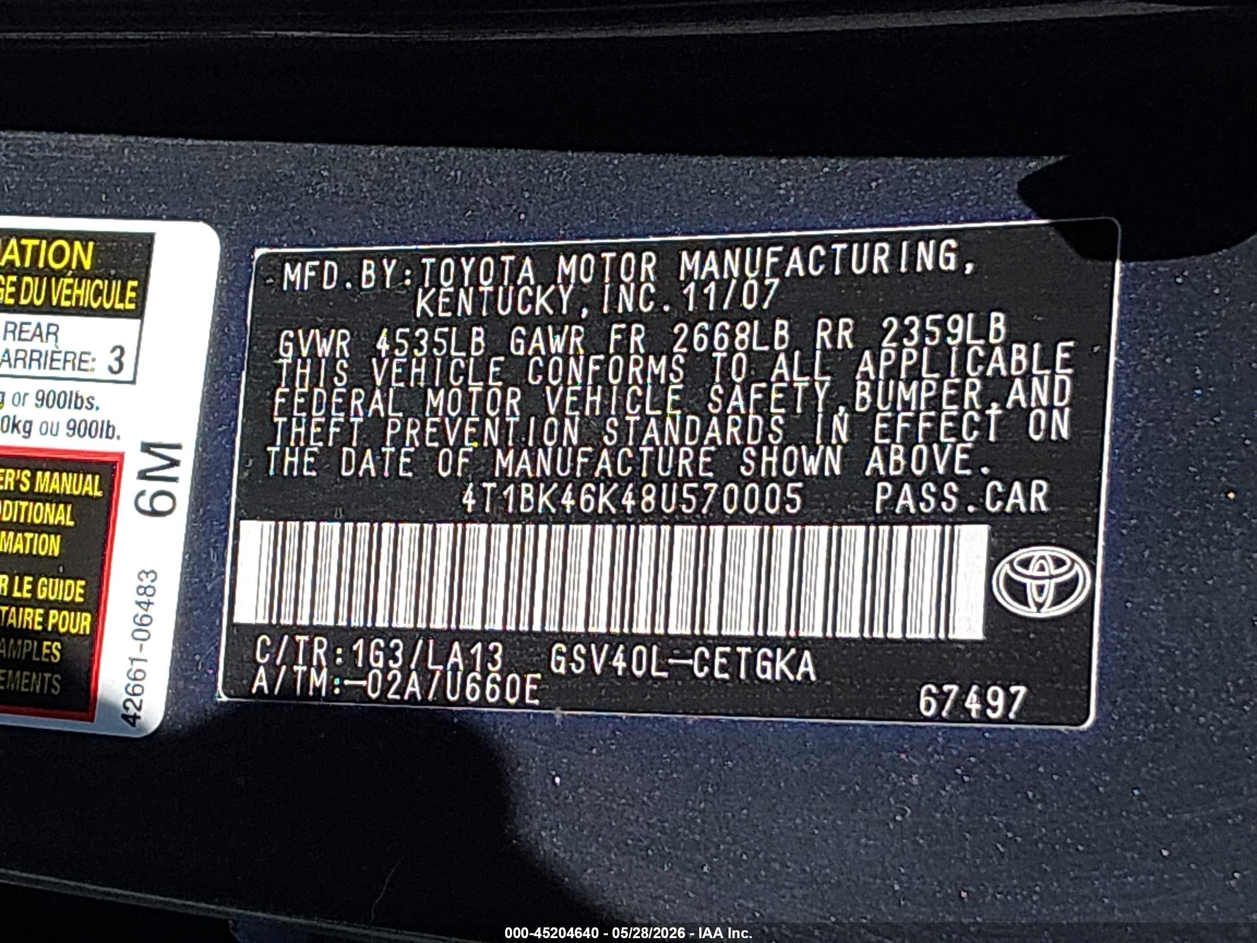 2008 Toyota Camry Xle V6 Gray vin: 4T1BK46K48U570005