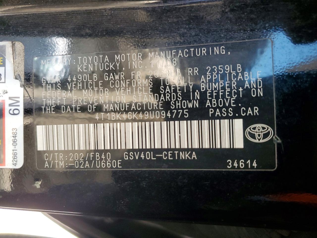 2009 Toyota Camry Le V6 Black vin: 4T1BK46K49U094775
