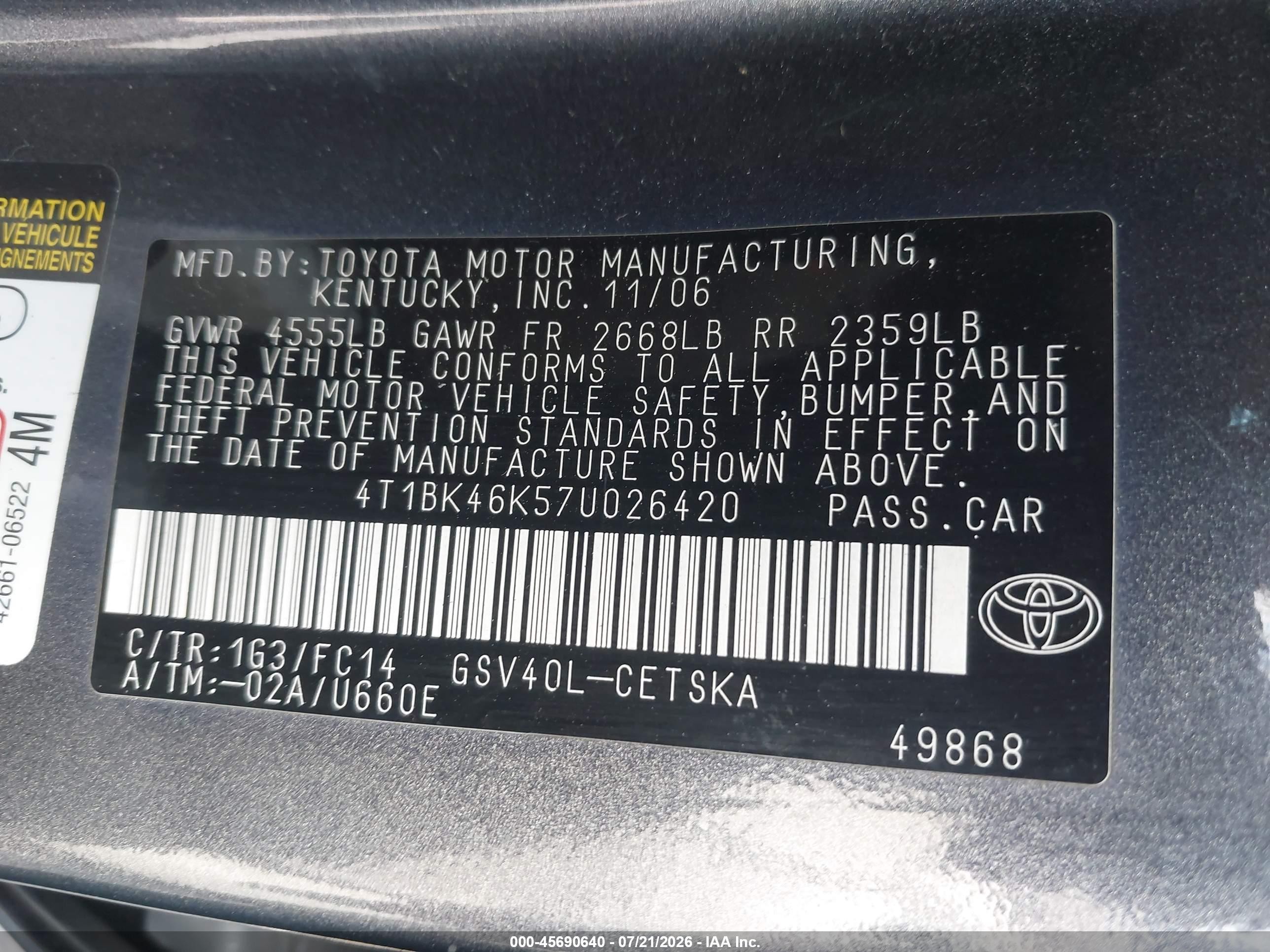 2007 Toyota Camry Se V6 Gray vin: 4T1BK46K57U026420