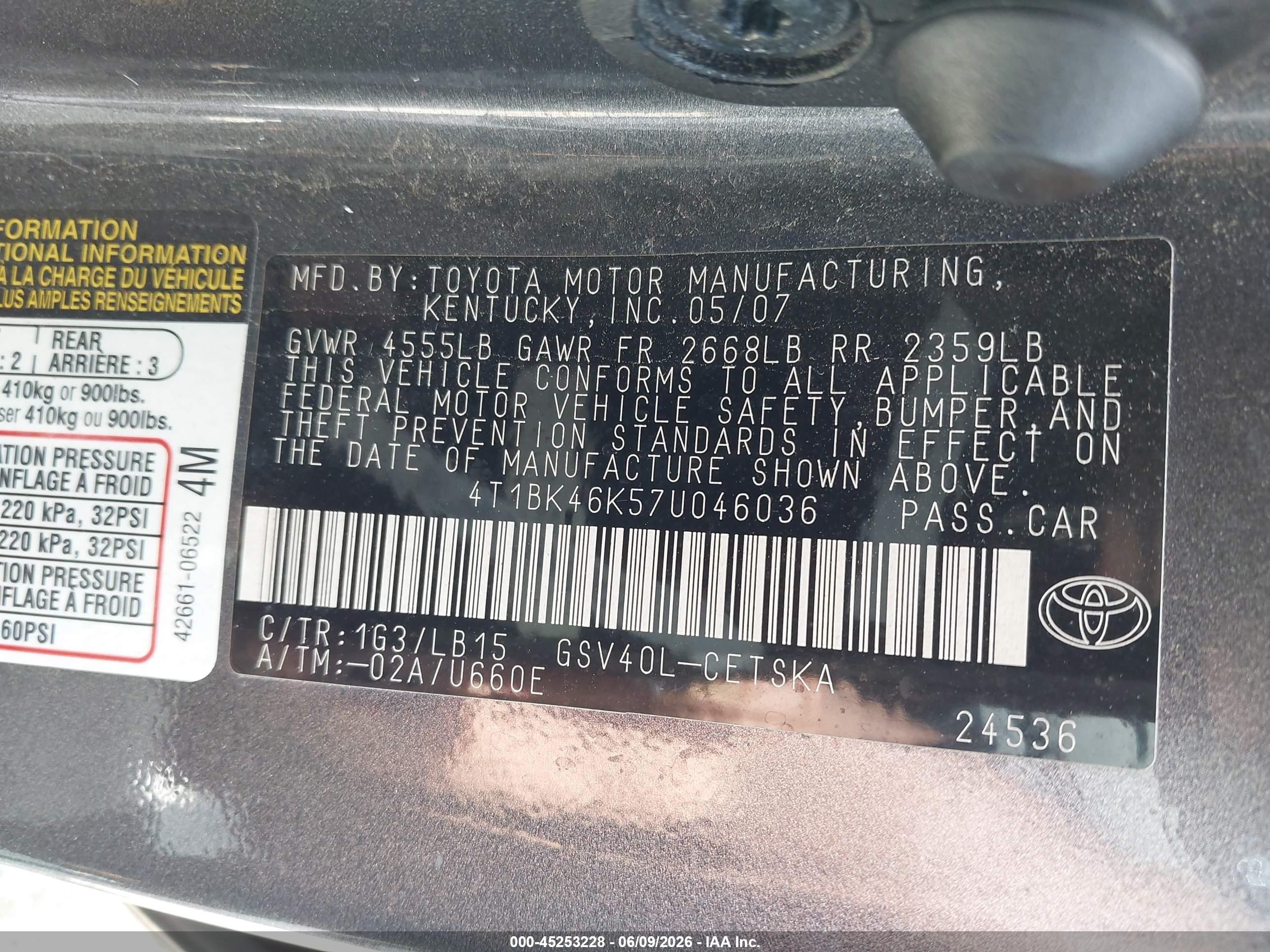 2007 Toyota Camry Se V6 Gray vin: 4T1BK46K57U046036