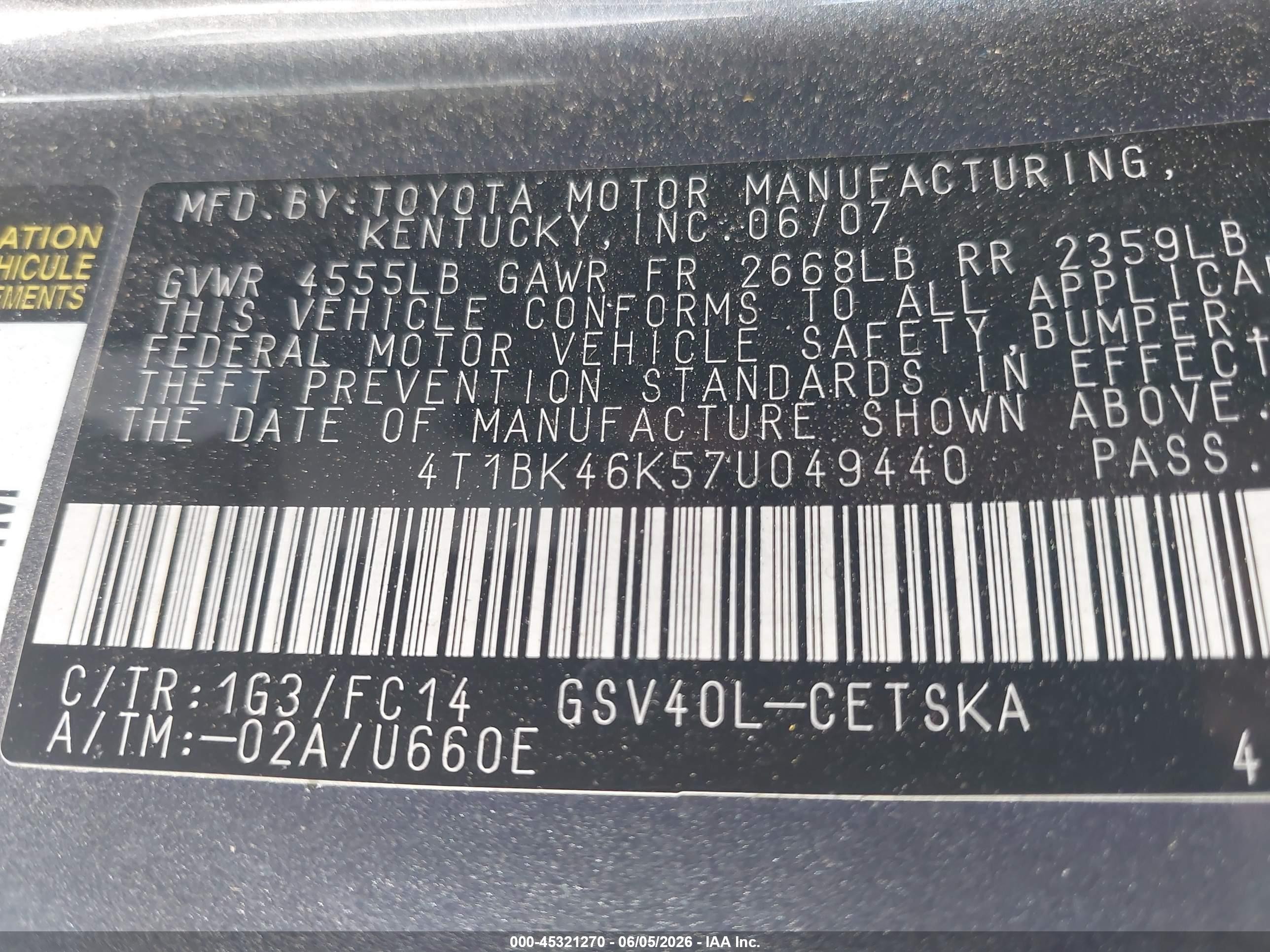 2007 Toyota Camry Se V6 Gray vin: 4T1BK46K57U049440