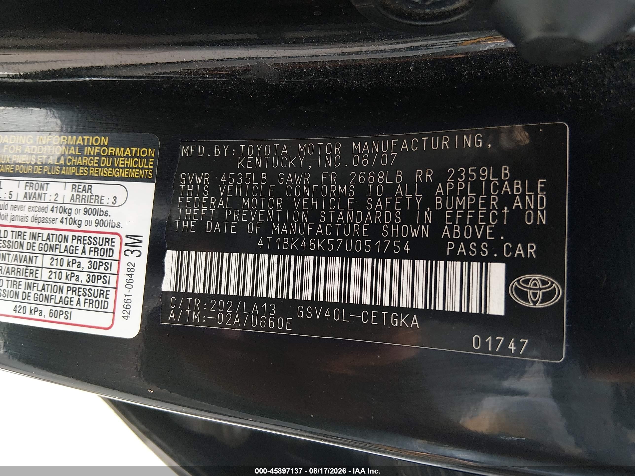 2007 Toyota Camry Xle V6 Black vin: 4T1BK46K57U051754
