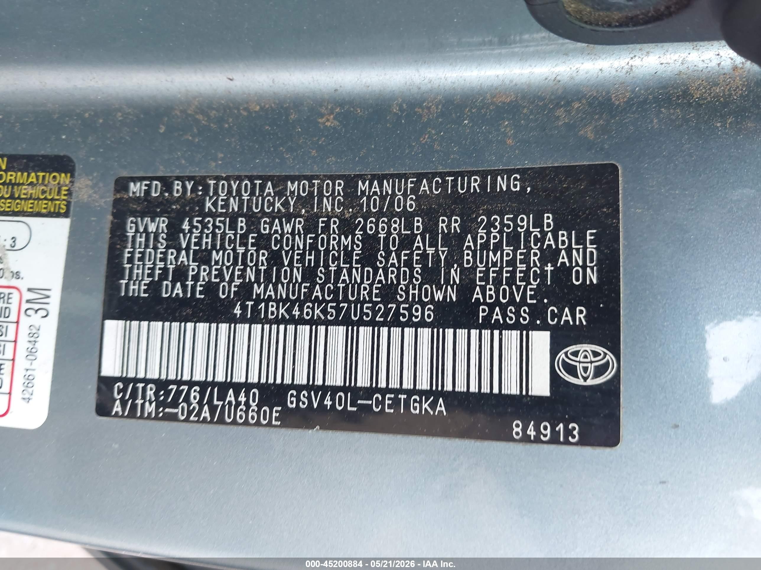 2007 Toyota Camry Xle V6 Light Blue vin: 4T1BK46K57U527596