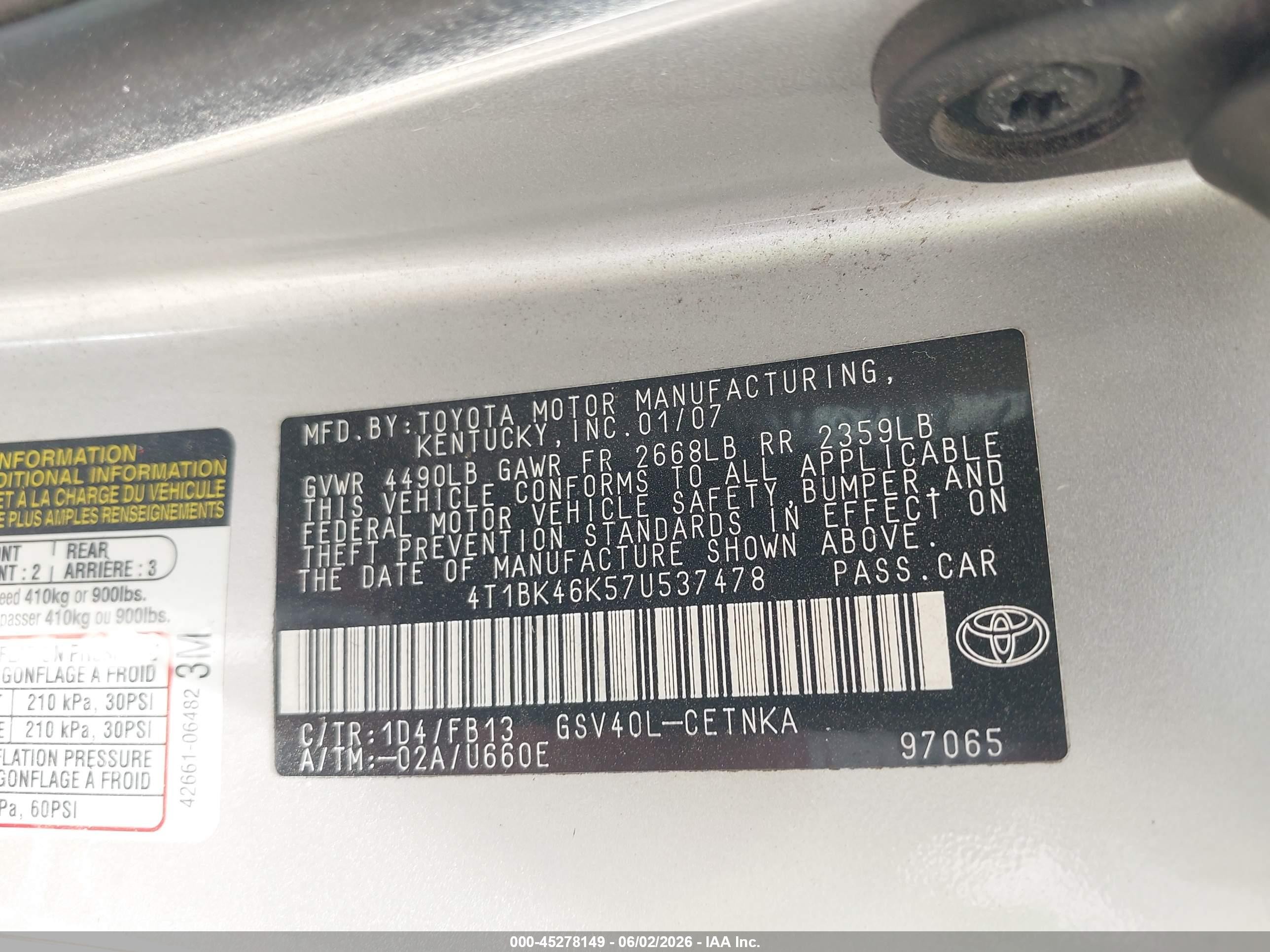 2007 Toyota Camry Le V6 Серебряный vin: 4T1BK46K57U537478