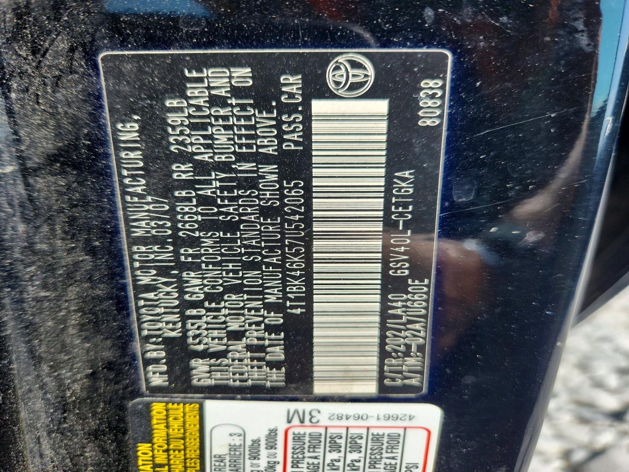 2007 Toyota Camry Xle V6 Черный vin: 4T1BK46K57U542065