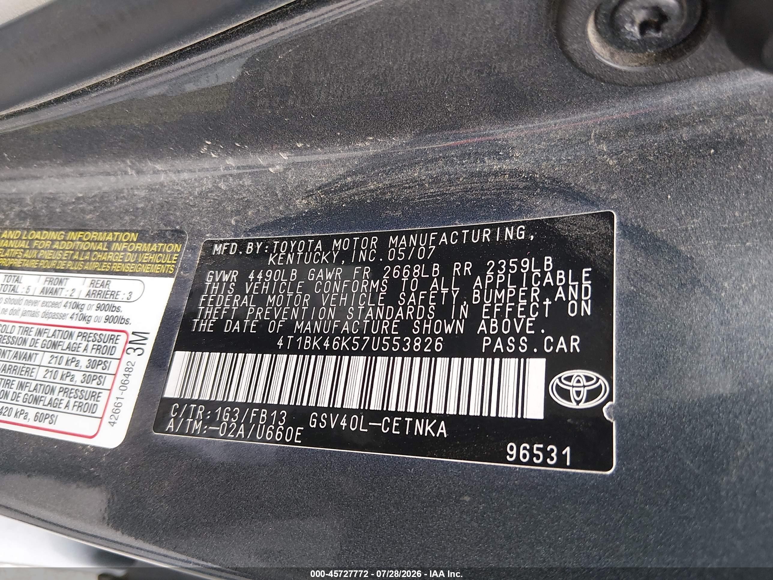 2007 Toyota Camry Le V6 Золотой vin: 4T1BK46K57U553826