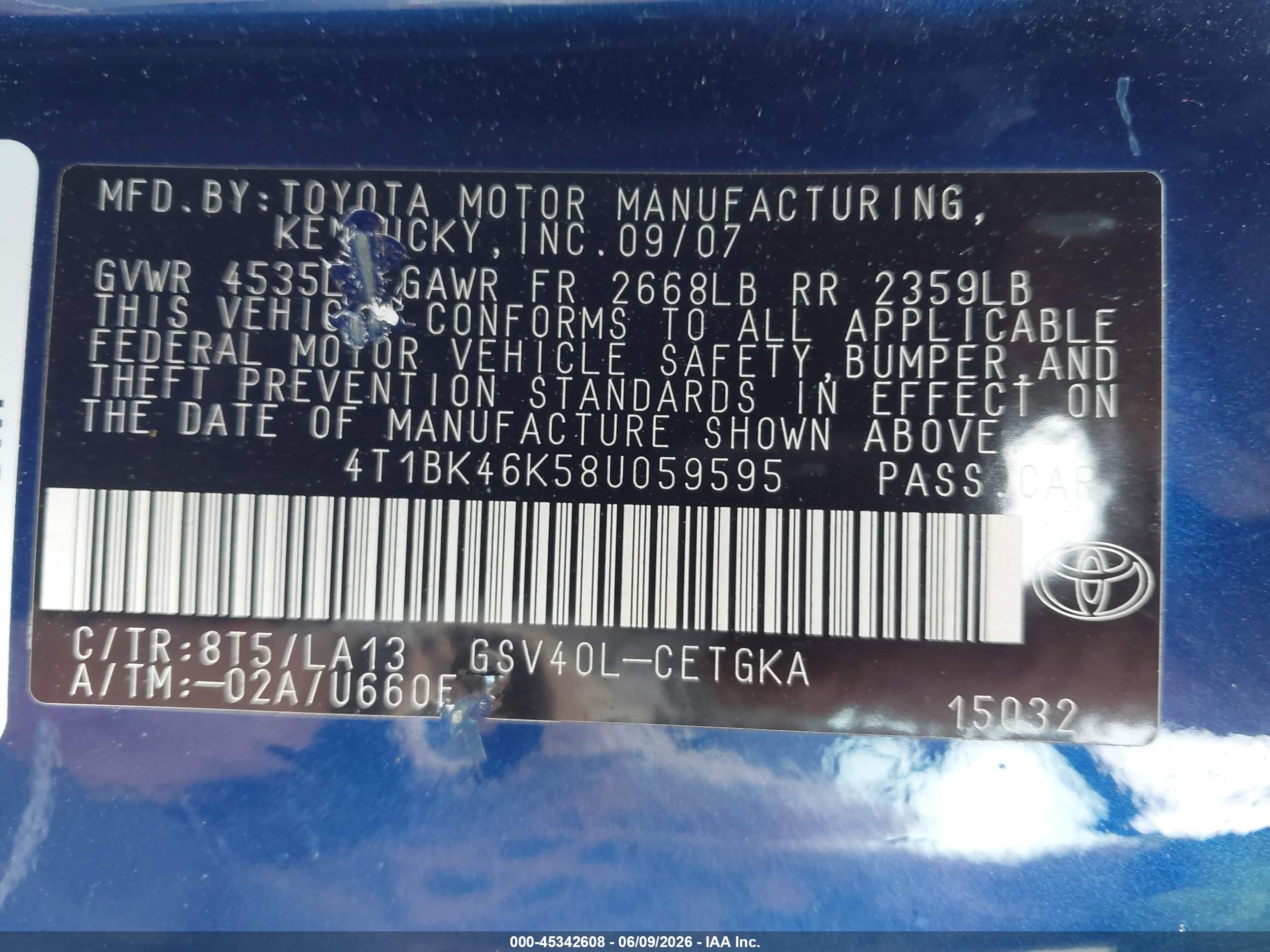 2008 Toyota Camry Xle V6 Blue vin: 4T1BK46K58U059595
