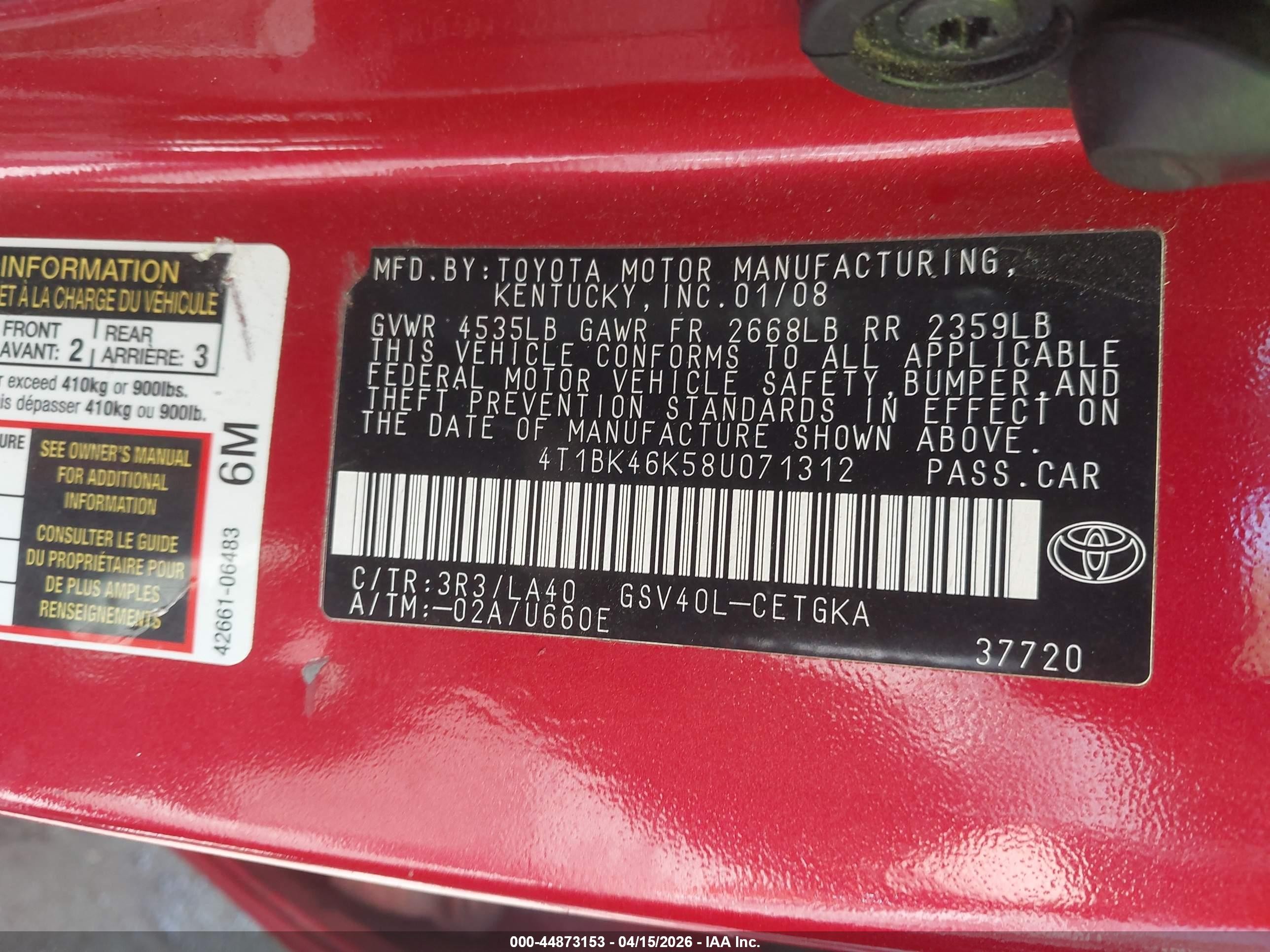 2008 Toyota Camry Xle V6 Red vin: 4T1BK46K58U071312