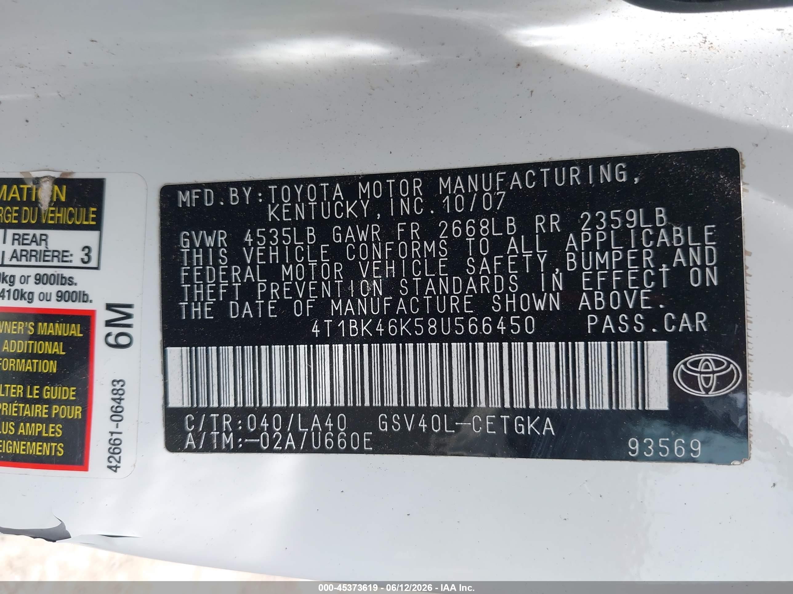 2008 Toyota Camry Xle White vin: 4T1BK46K58U566450
