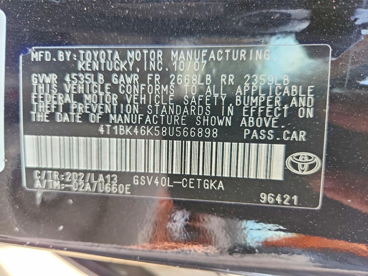 2008 Toyota Camry Xle V6 Black vin: 4T1BK46K58U566898
