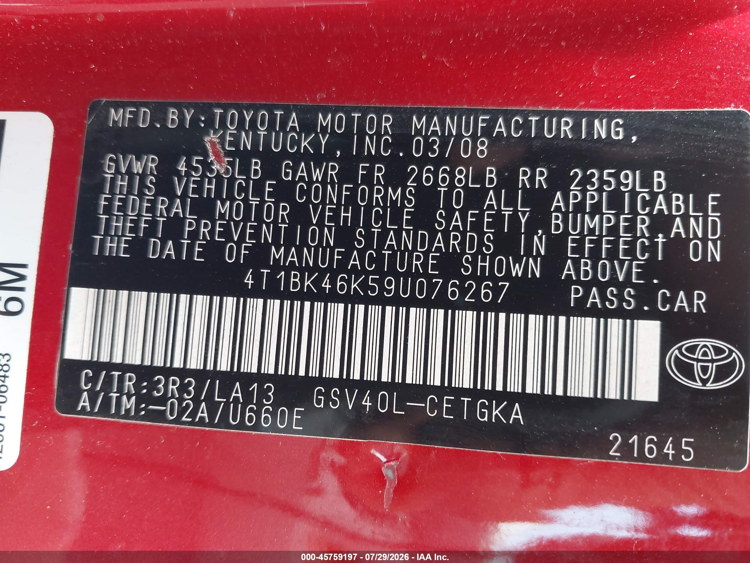 2009 Toyota Camry Xle V6 Red vin: 4T1BK46K59U076267