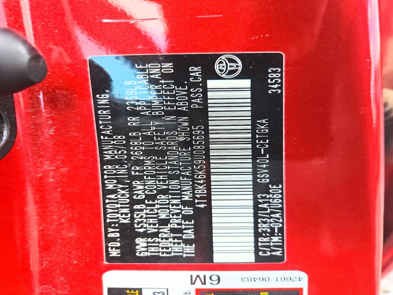 2009 Toyota Camry Xle V6 Red vin: 4T1BK46K59U085695