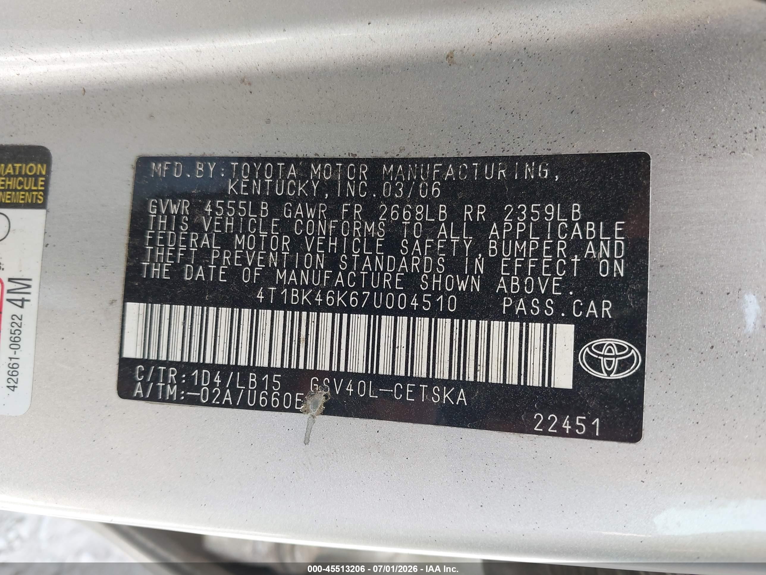 2007 Toyota Camry Le/xle/se Серебряный vin: 4T1BK46K67U004510