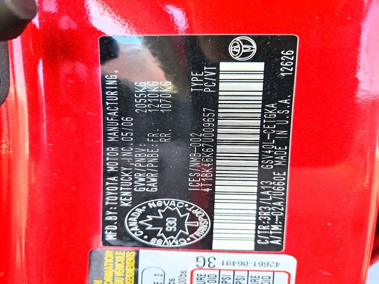 2007 Toyota Camry Le V6 Red vin: 4T1BK46K67U009657