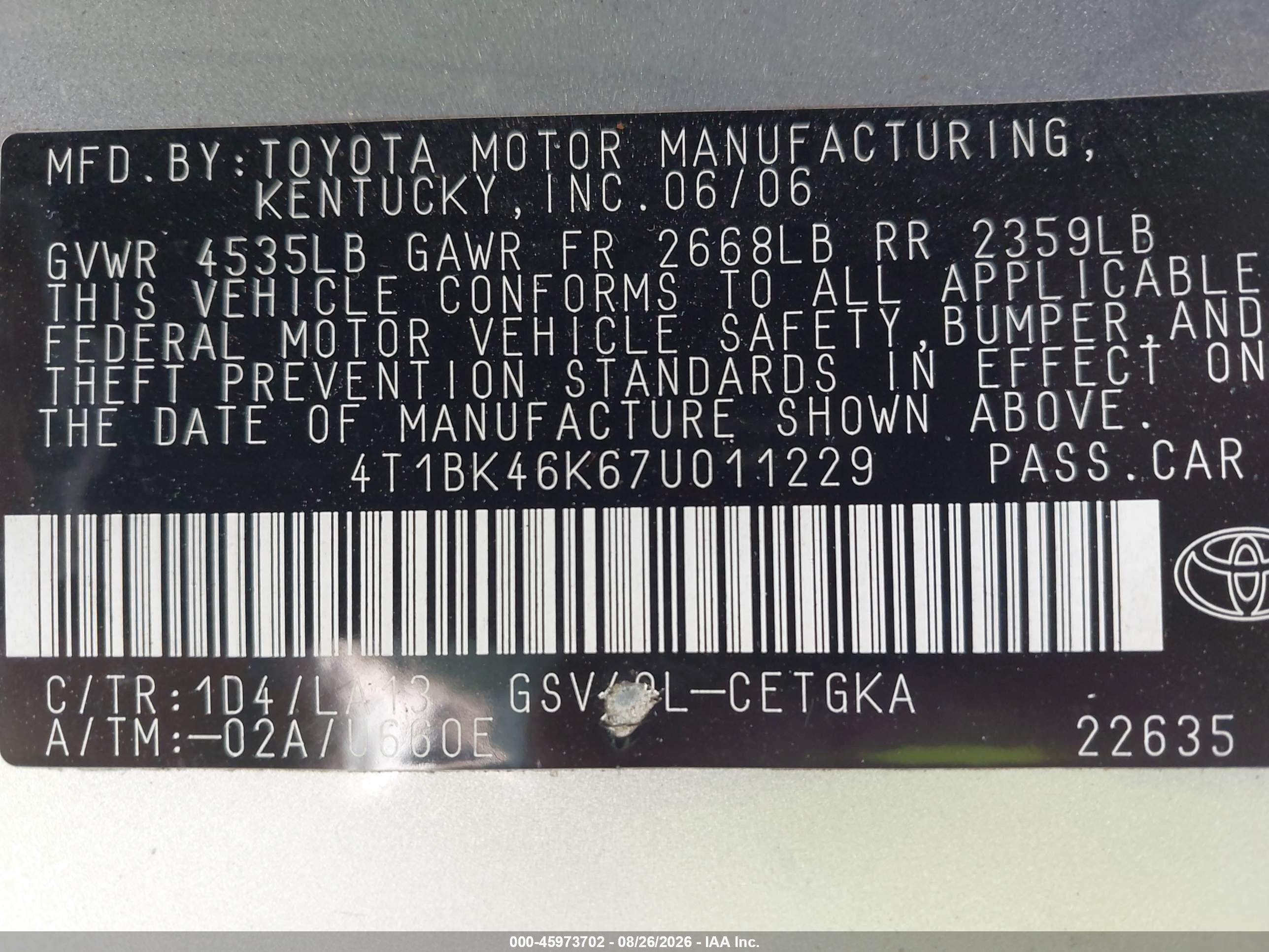 2007 Toyota Camry Xle V6 Серебряный vin: 4T1BK46K67U011229