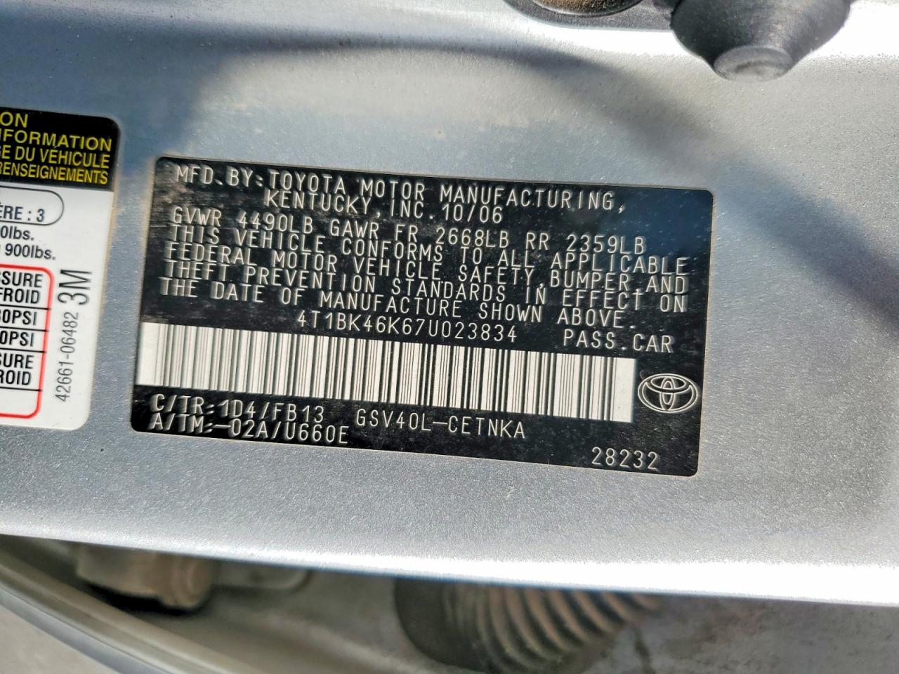 2007 Toyota Camry Le V6 Silver vin: 4T1BK46K67U023834