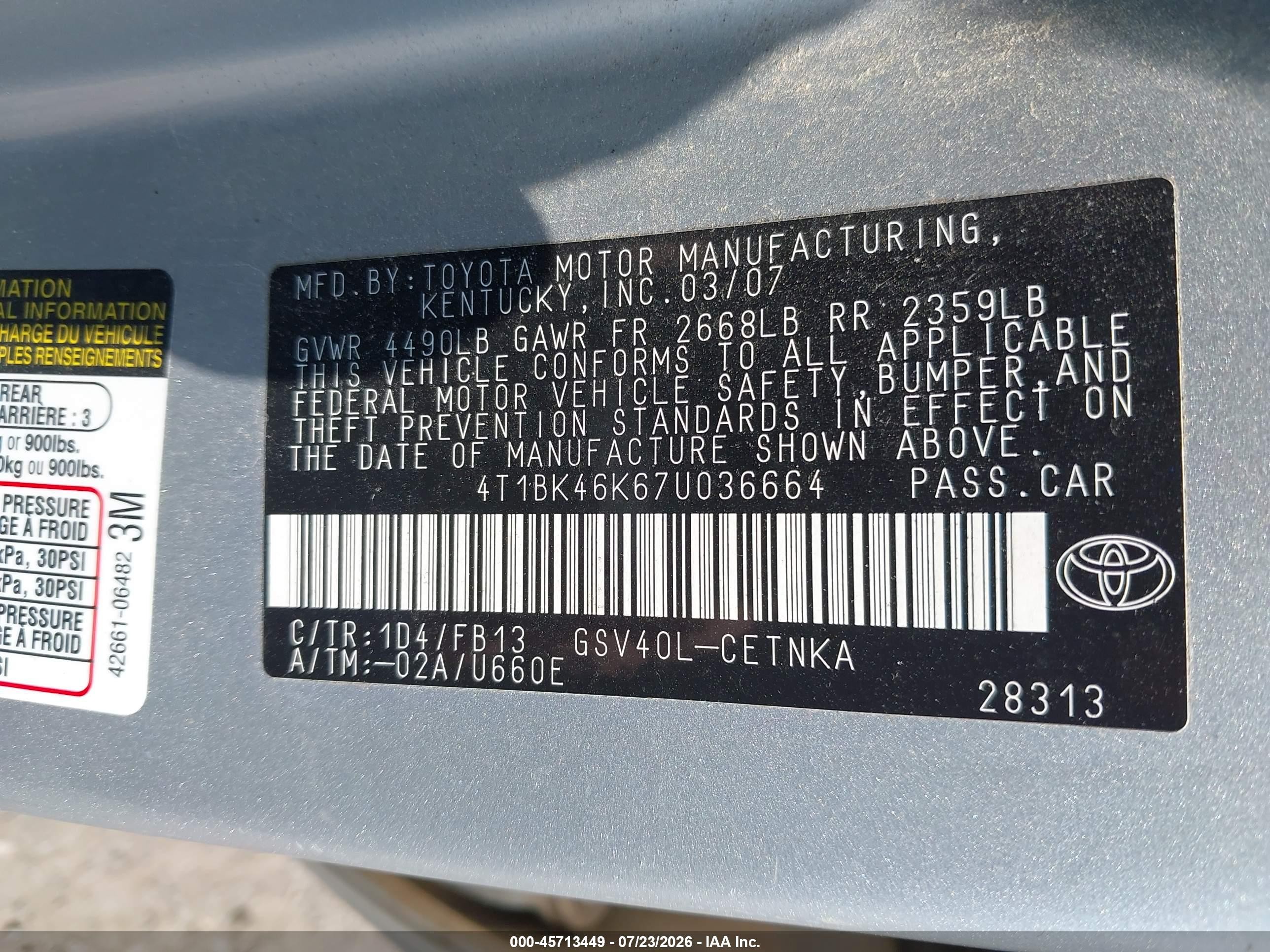 2007 Toyota Camry Le V6 Silver vin: 4T1BK46K67U036664