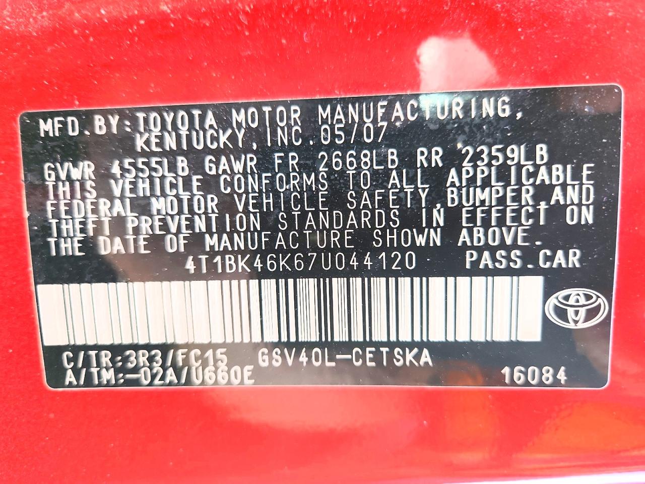 2007 Toyota Camry Se V6 Red vin: 4T1BK46K67U044120