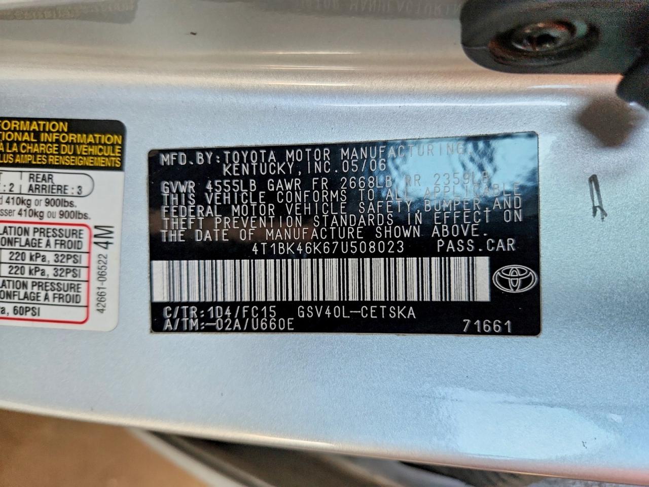2007 Toyota Camry Se V6 Silver vin: 4T1BK46K67U508023